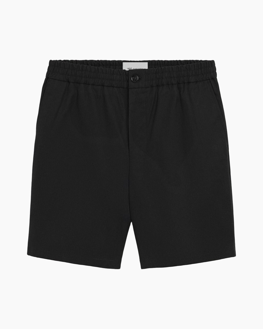 shorts, black, elastic waistband, button, plain