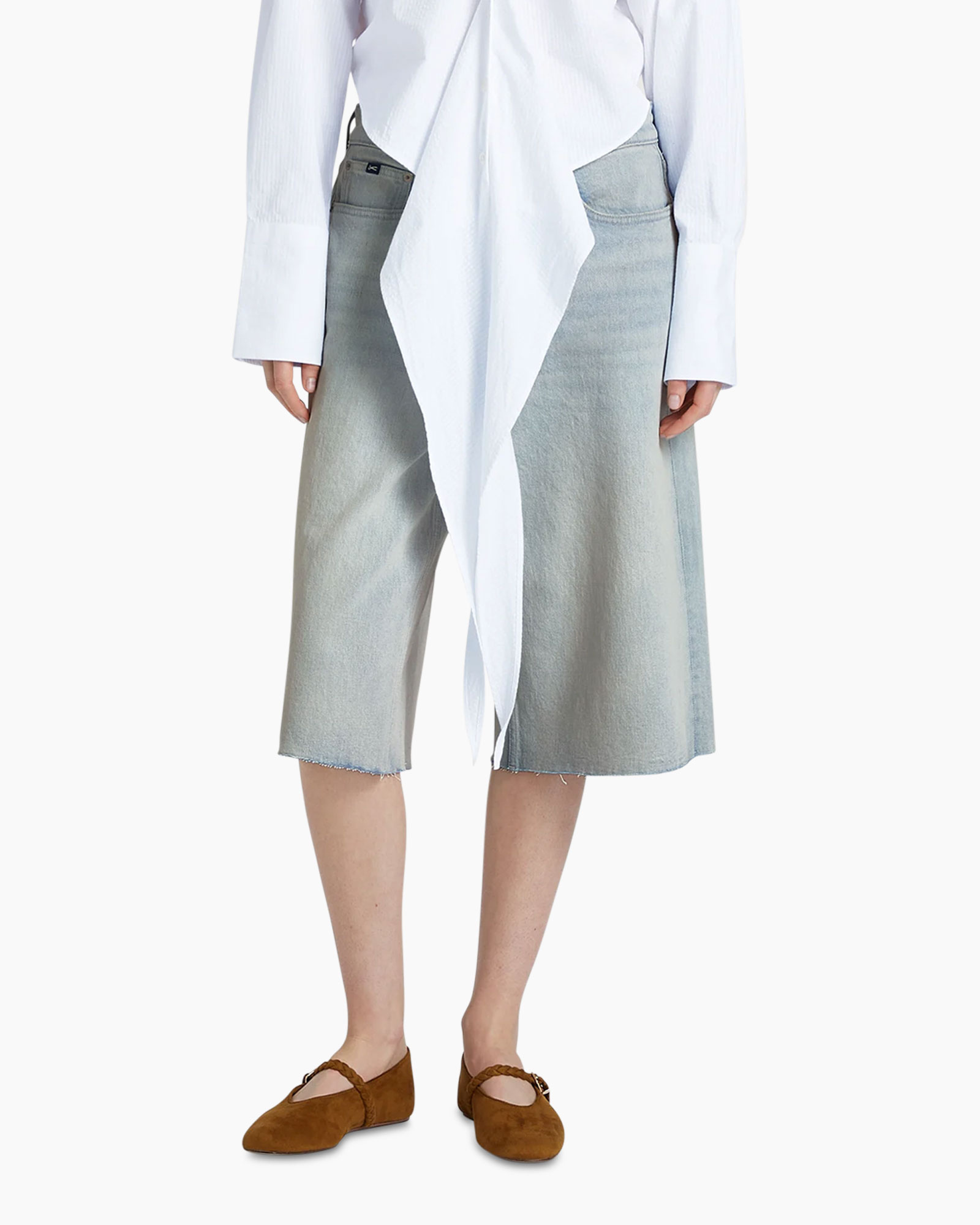 denim shorts, knee-length, light wash, frayed hem, brown flats