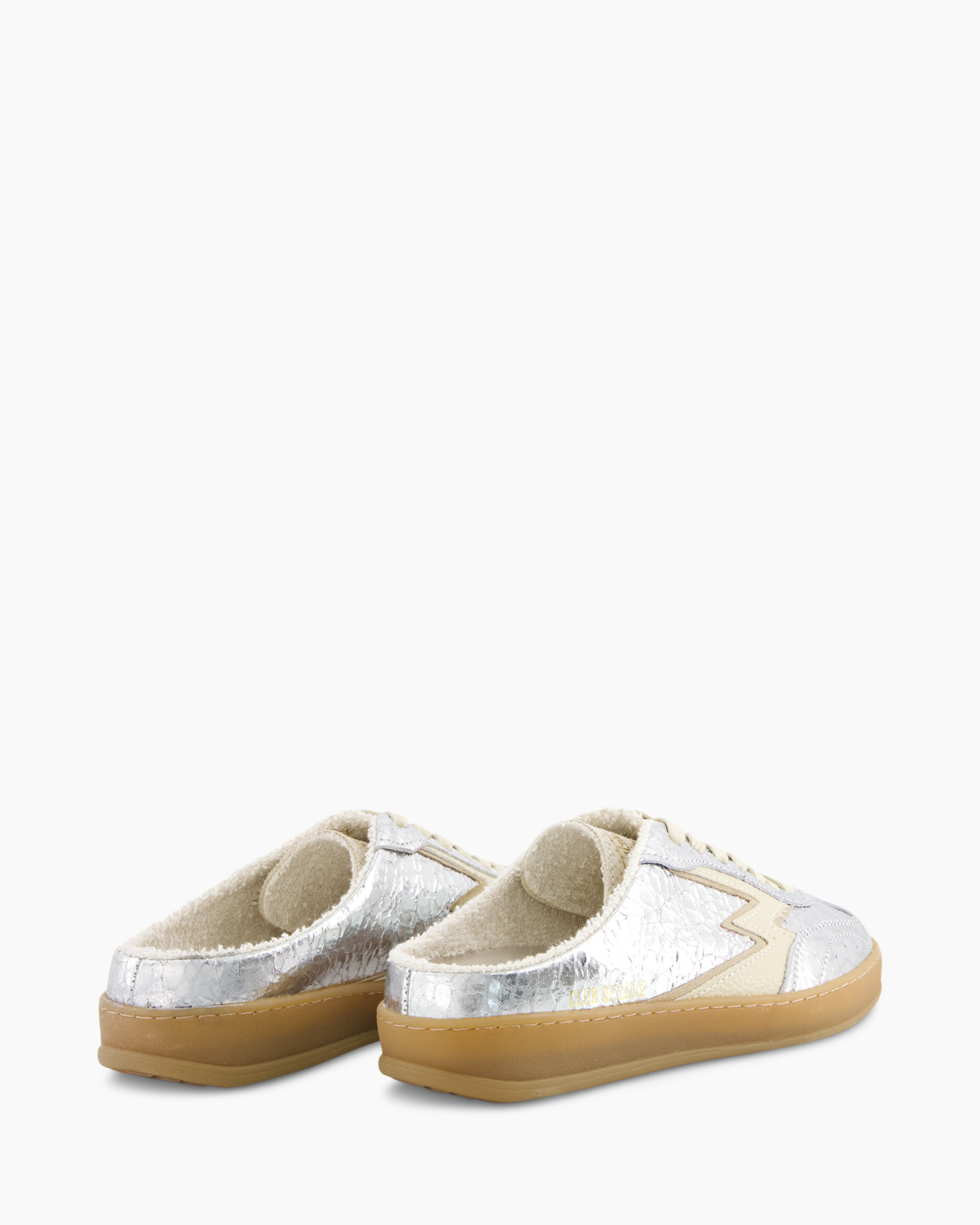 slippers, mules, silver, metallic, textured, fur-lined