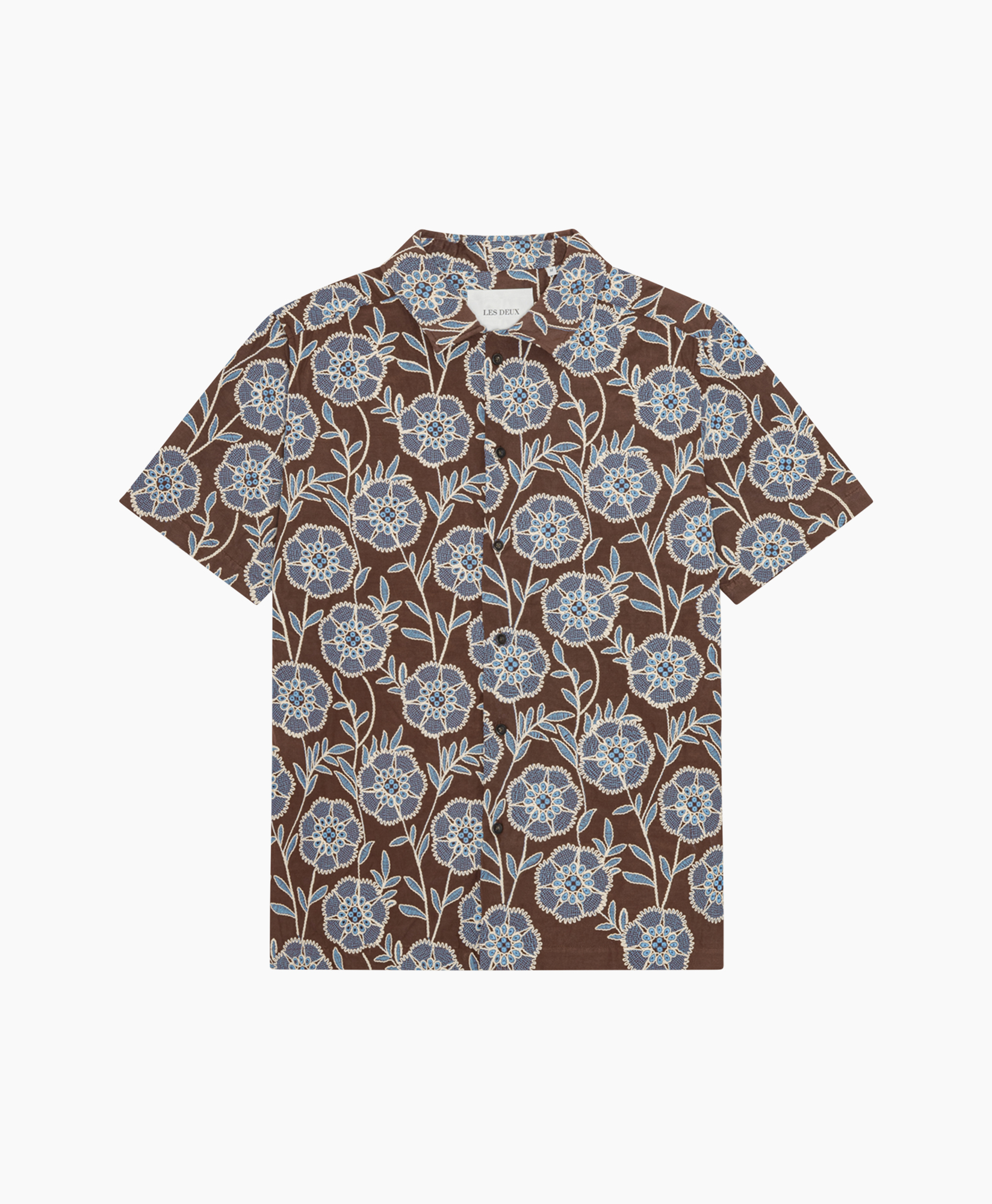 shirt, short-sleeve, floral, brown, patterned