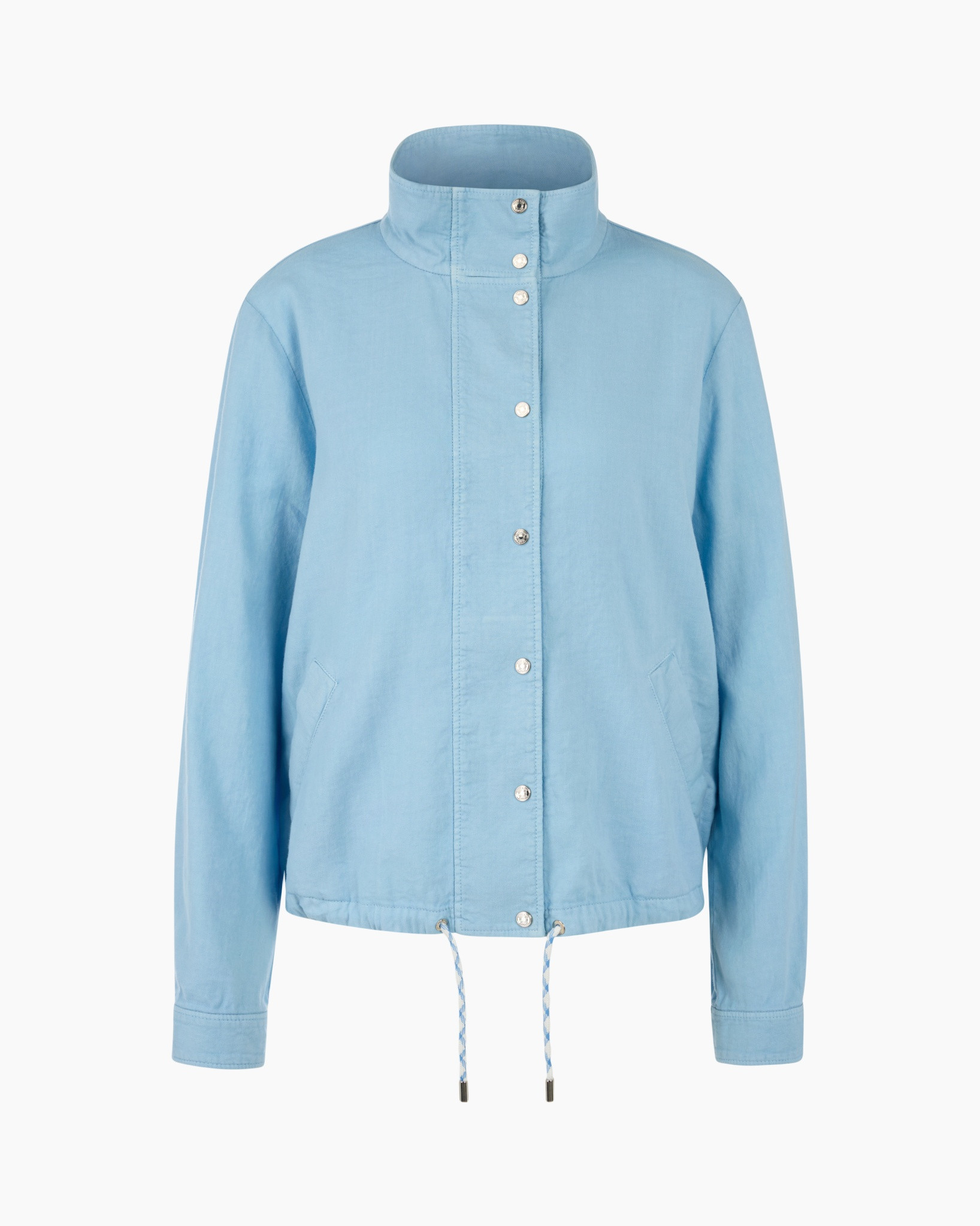 light blue jacket, softshell jacket, standing collar, drawstring hem, snap buttons