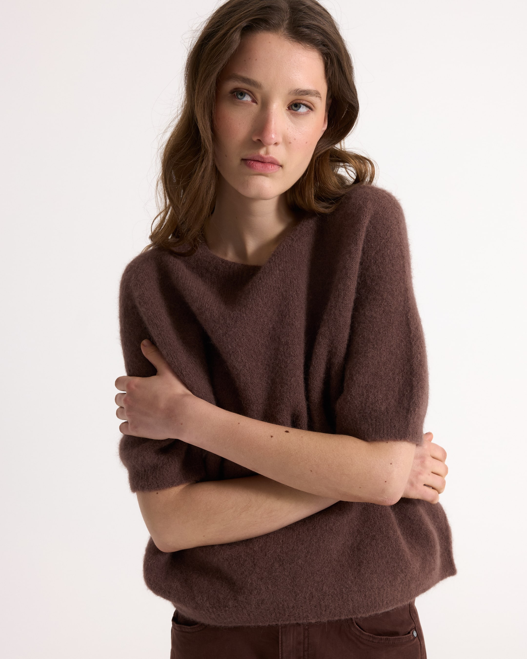 knit sweater, brown, short sleeves, soft texture, women, sweater, knit, brown, short sleeves, soft