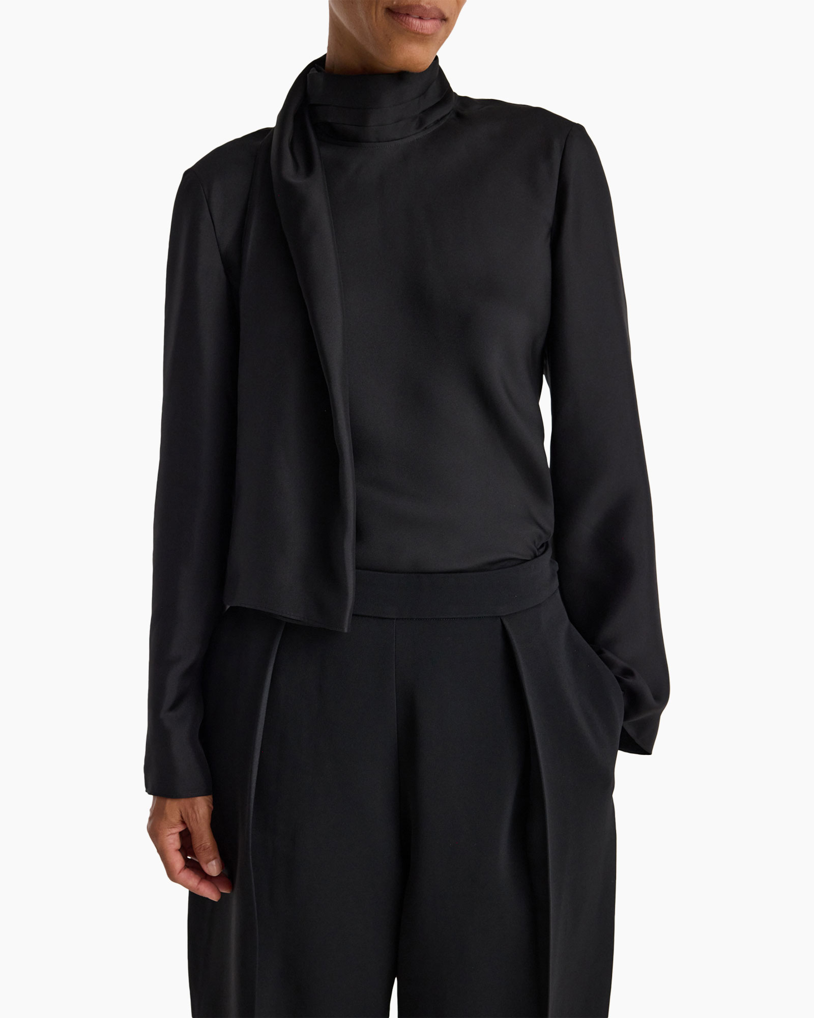 black, silk, blouse, turtleneck, asymmetric-scarf
