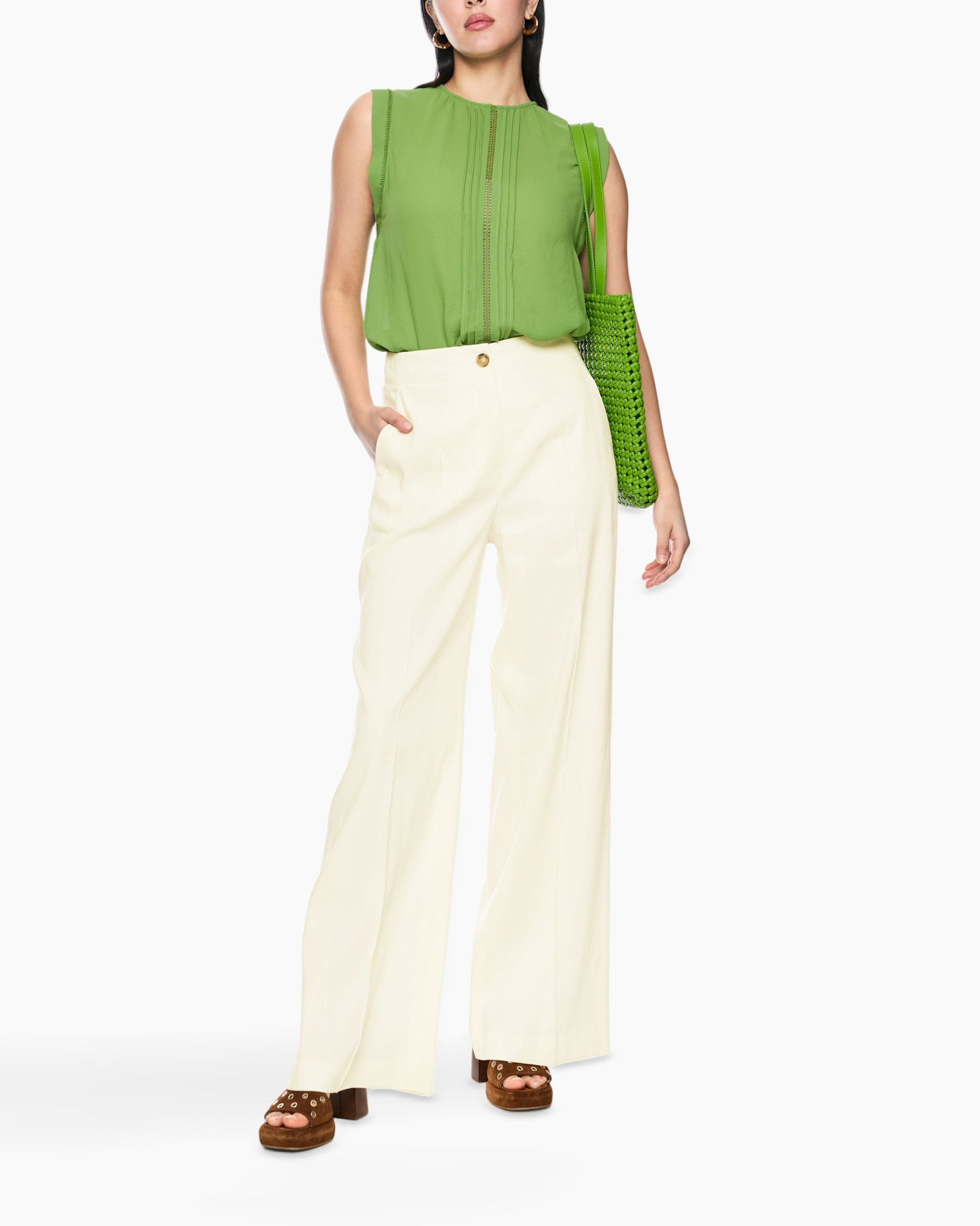 green top, pleated blouse, wide-leg pants, cream pants, tote bag