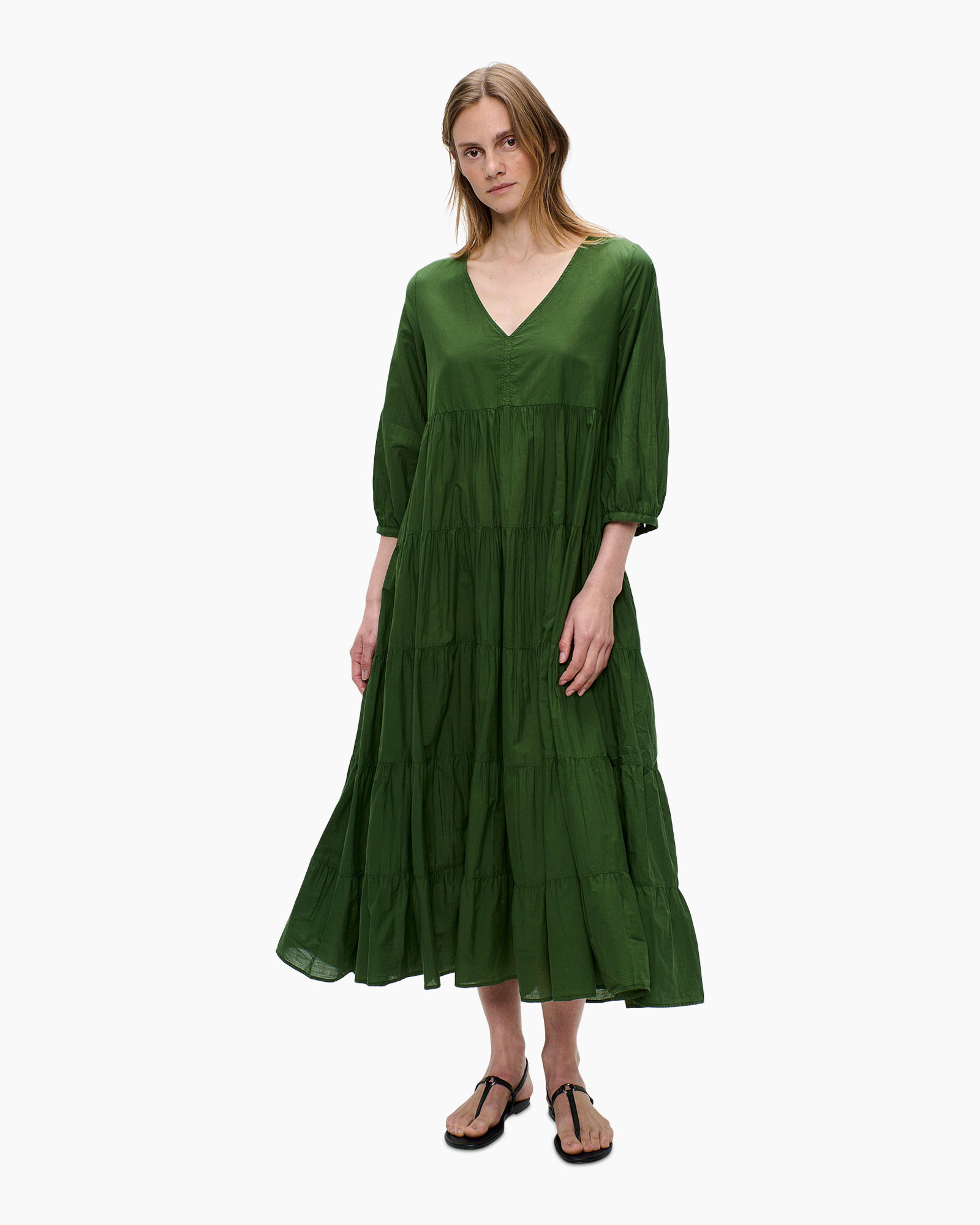 dress, green, maxi, tiered, v-neck