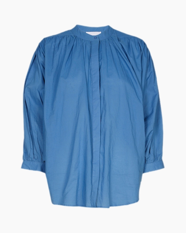 blouse, blue, long-sleeve, gathered-neck, buttonless