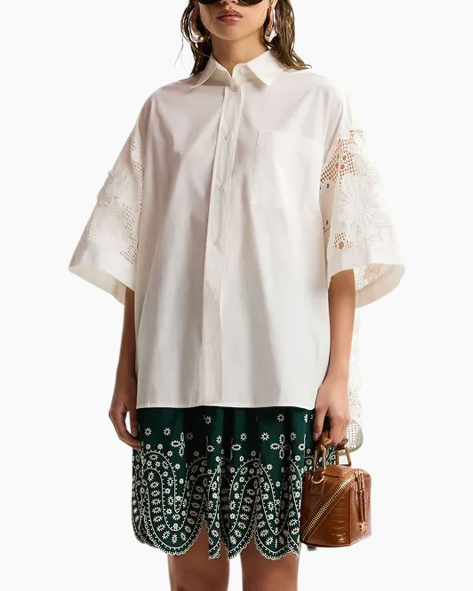 white shirt, lace sleeves, cotton blouse, loose fit, embroidery edges