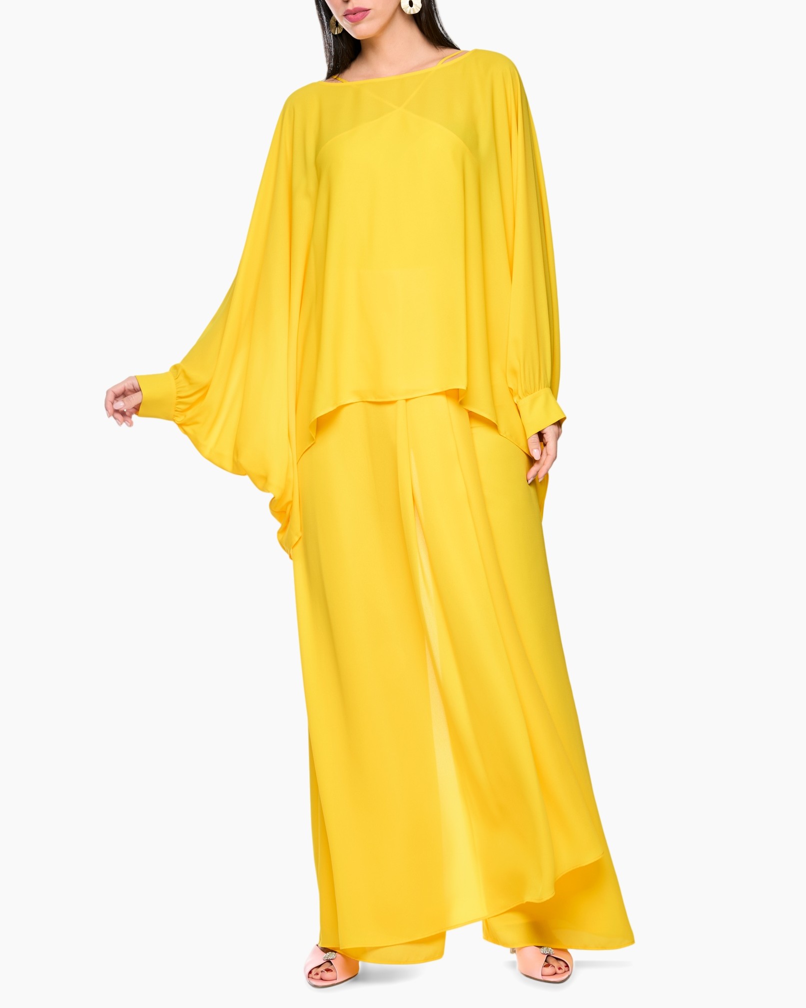 yellow, dress, pants, wide-sleeve, flowy
