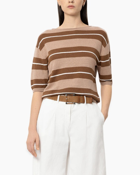 striped top, brown stripes, short sleeve, round neck, knit top