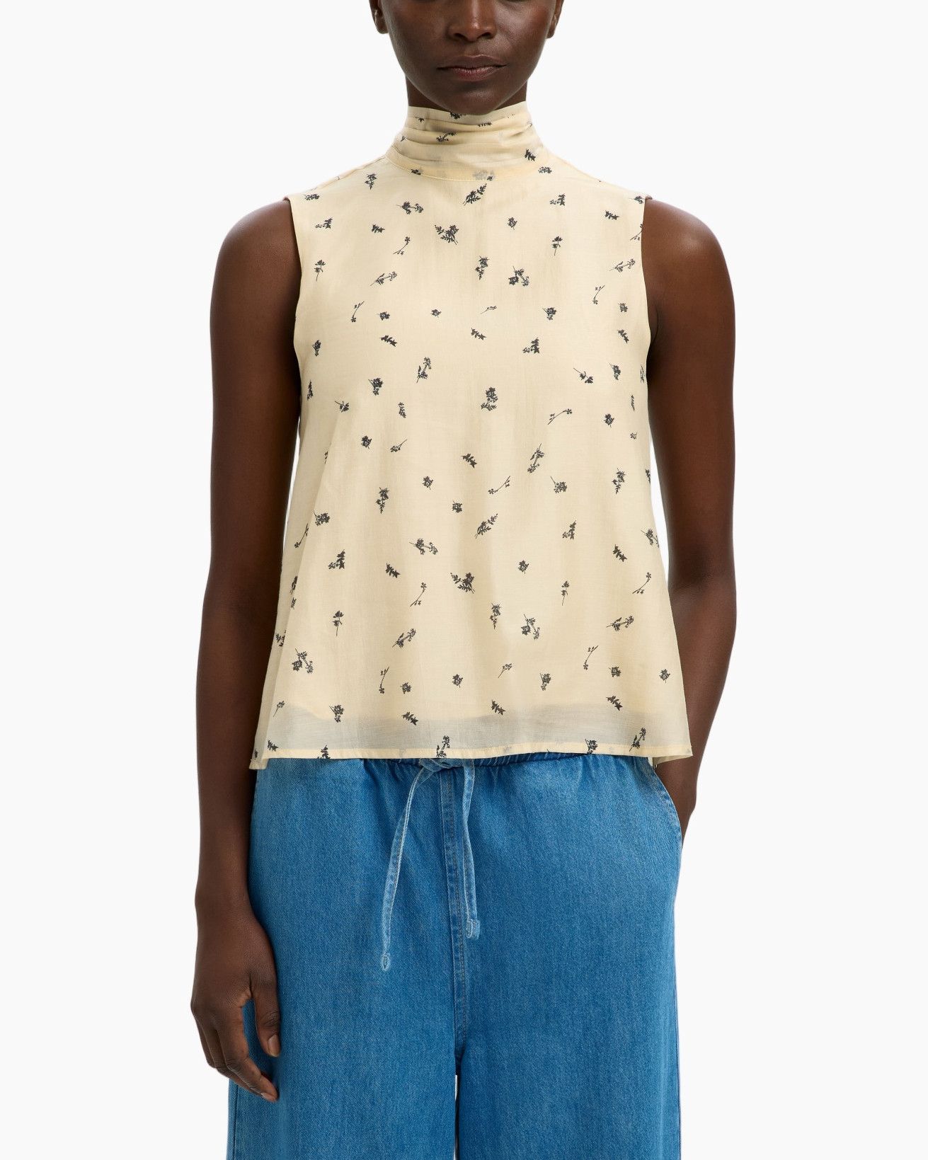 tank top, high neck, floral print, sleeveless, beige