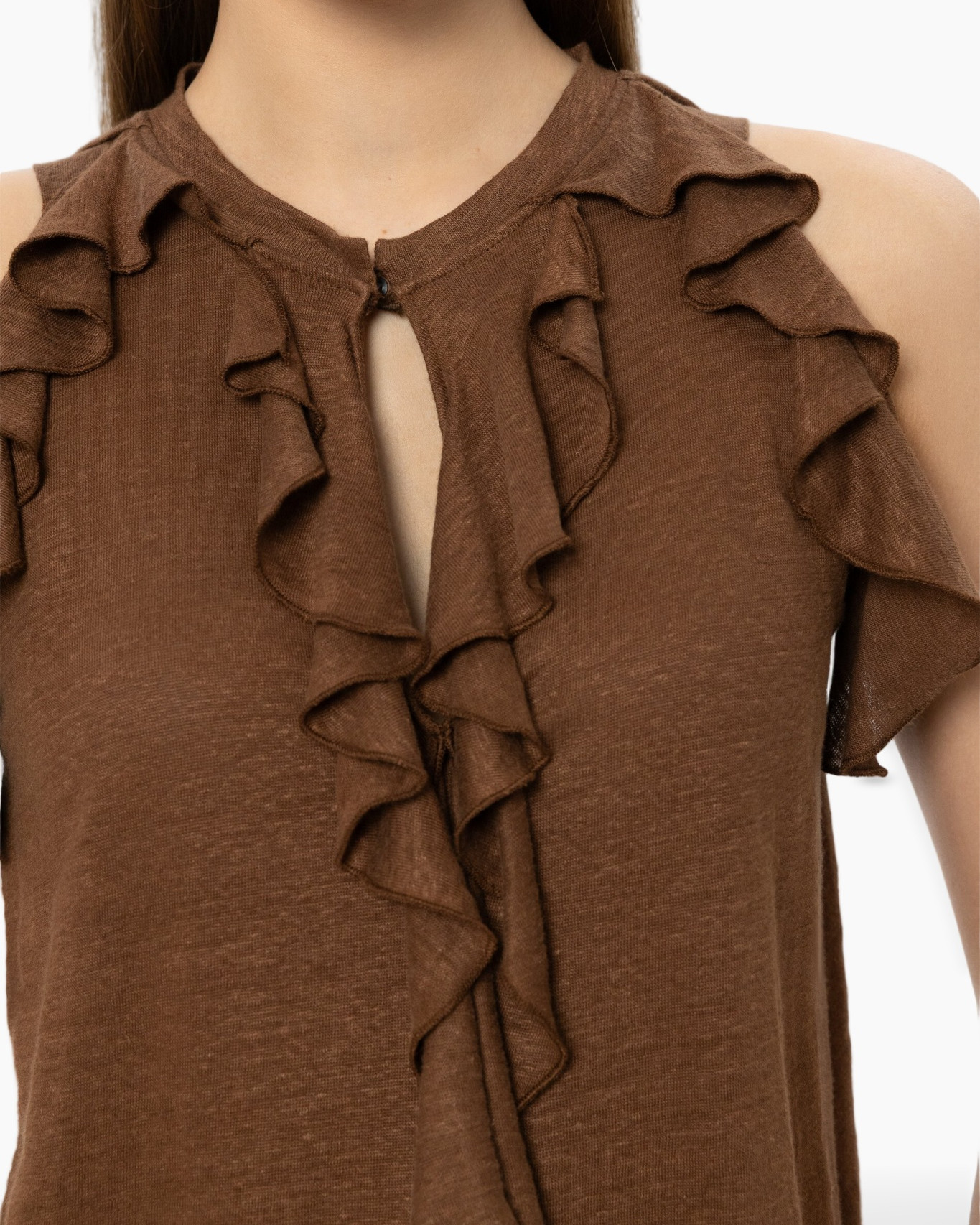 brown, ruffle, top, sleeveless, keyhole