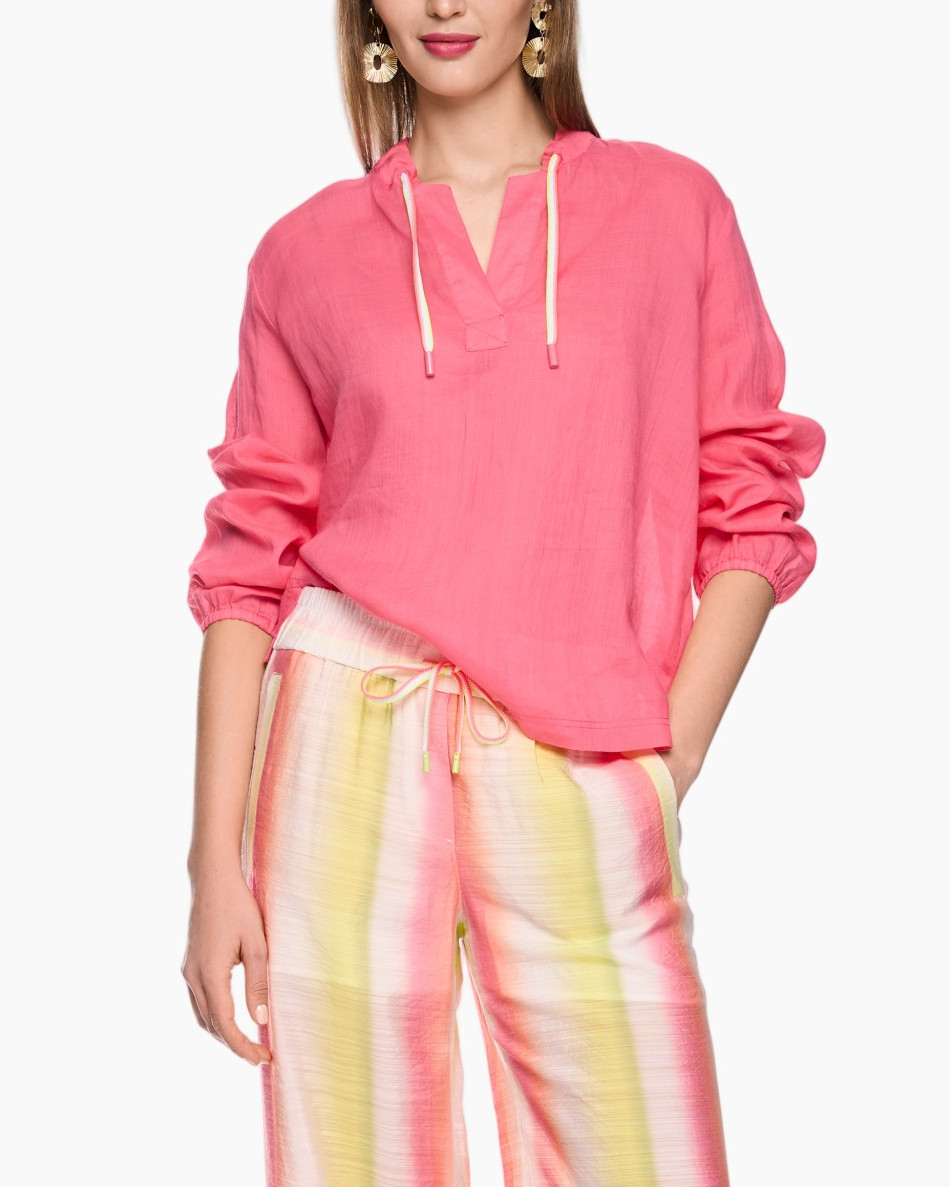 pink top, hooded blouse, long sleeves, casual wear, drawstrings