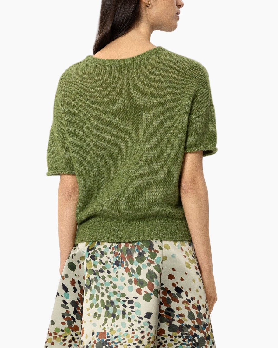 green sweater, knit top, short sleeves, pullover, textured knit