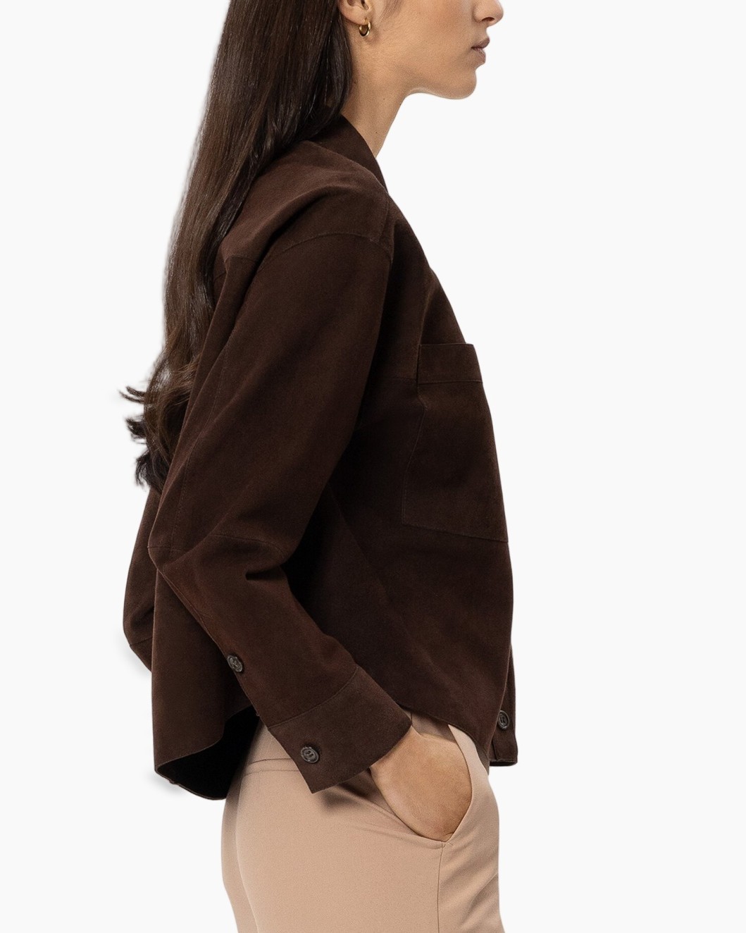 brown suede jacket, button-front, collared, long-sleeve, two-pocket jacket