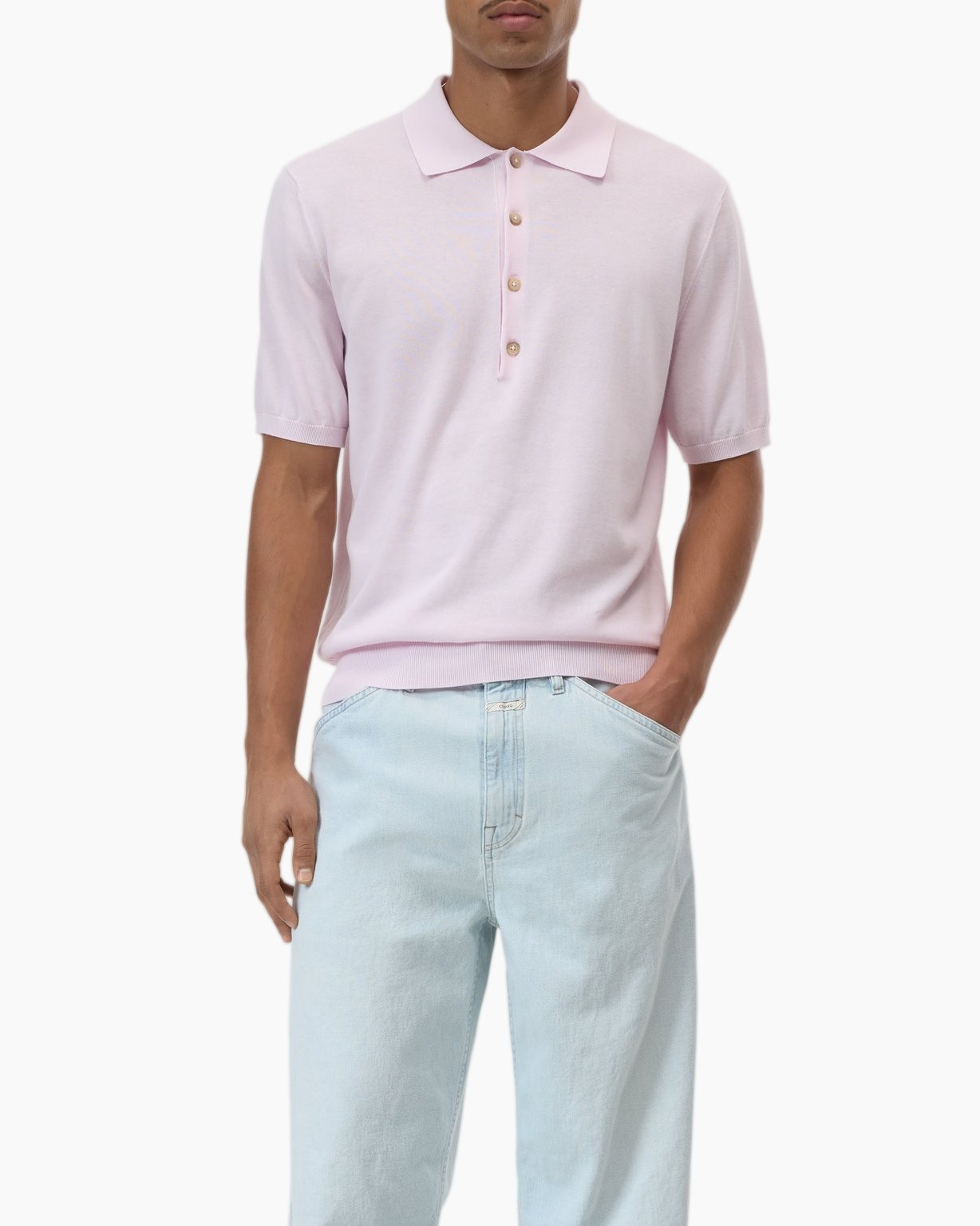 polo, light pink, short sleeve, collared, knit Polo shirt
