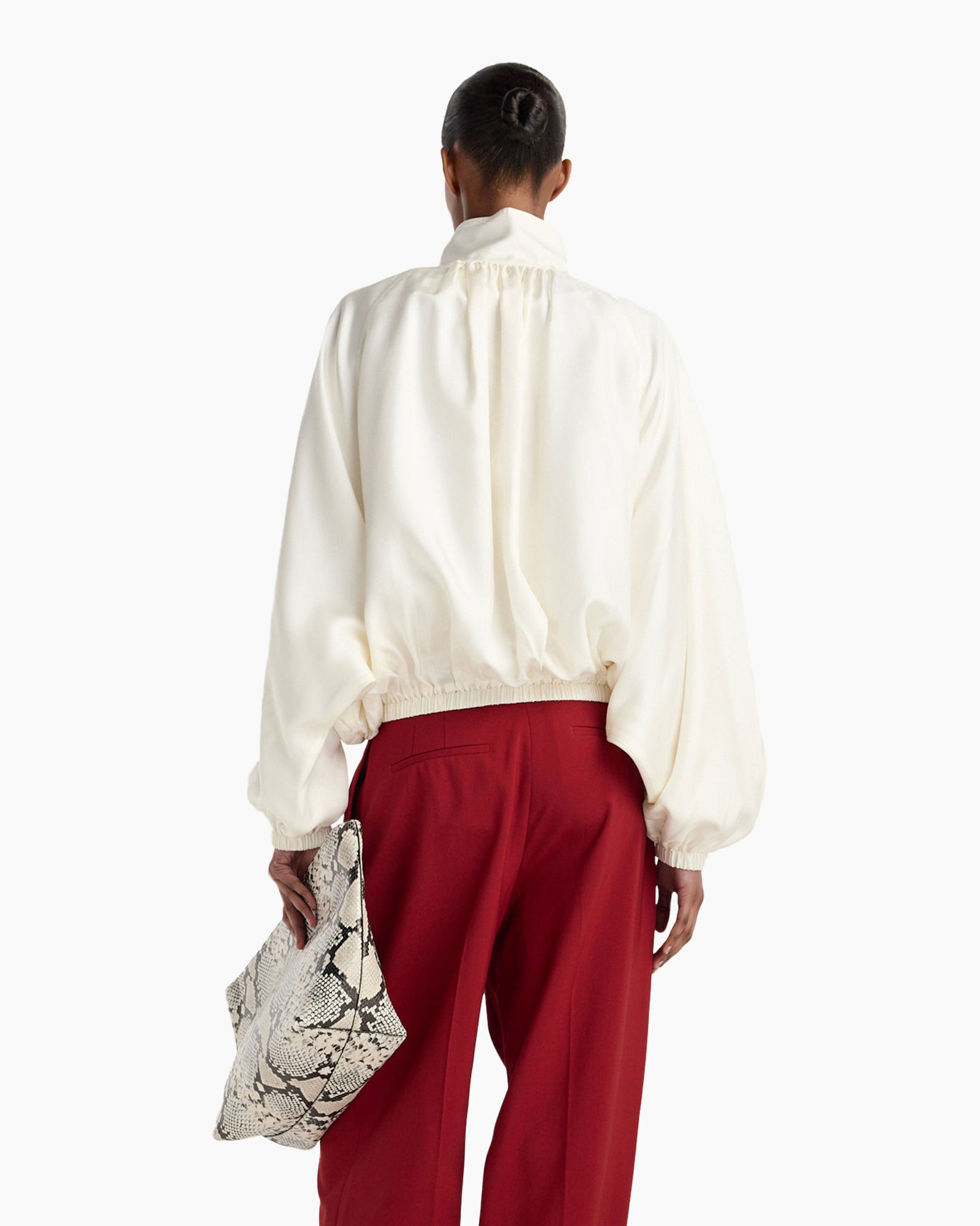 white jacket, high collar, button closure, pocketed, red pants
