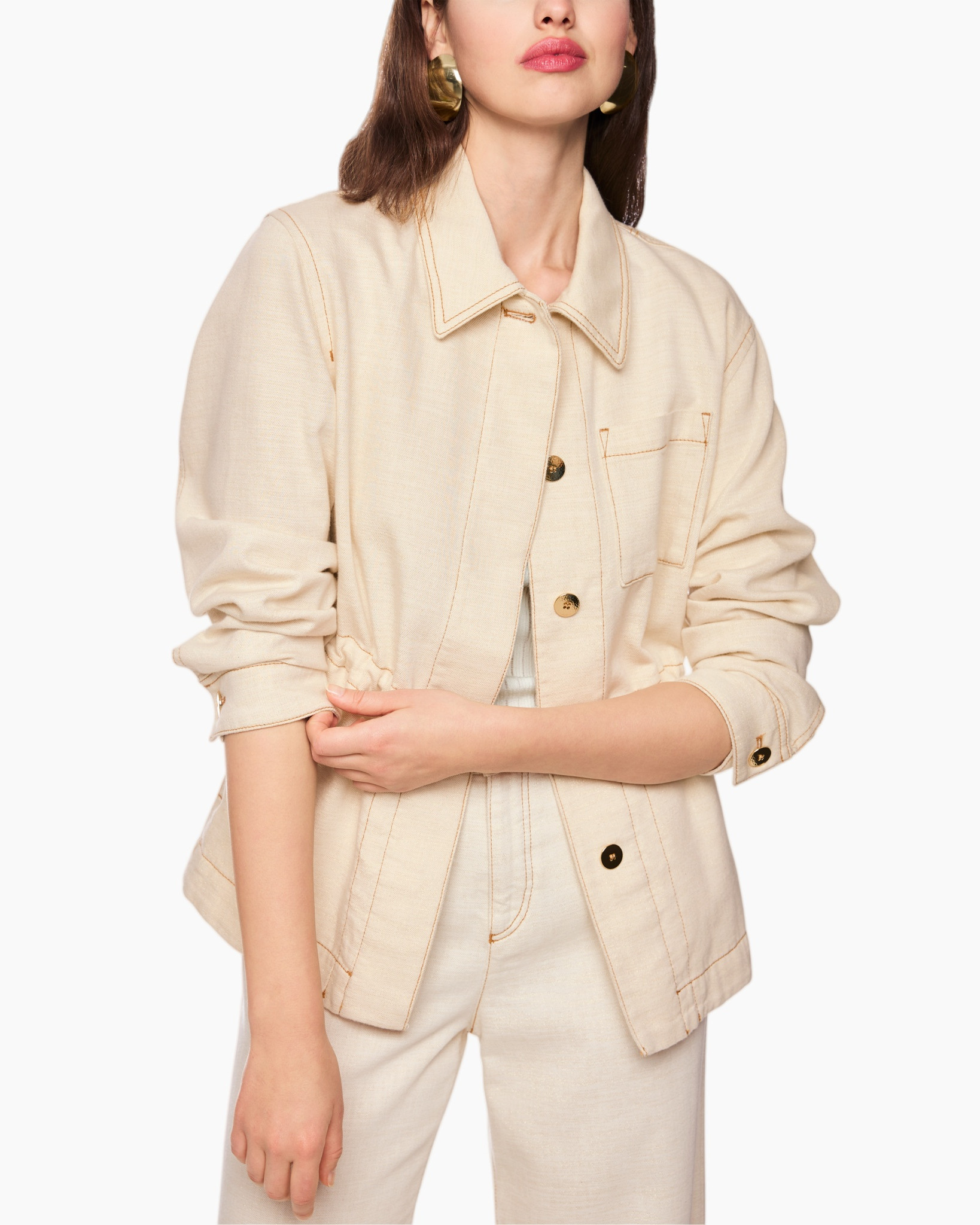 beige jacket, linen jacket, button front, collared jacket, long sleeve