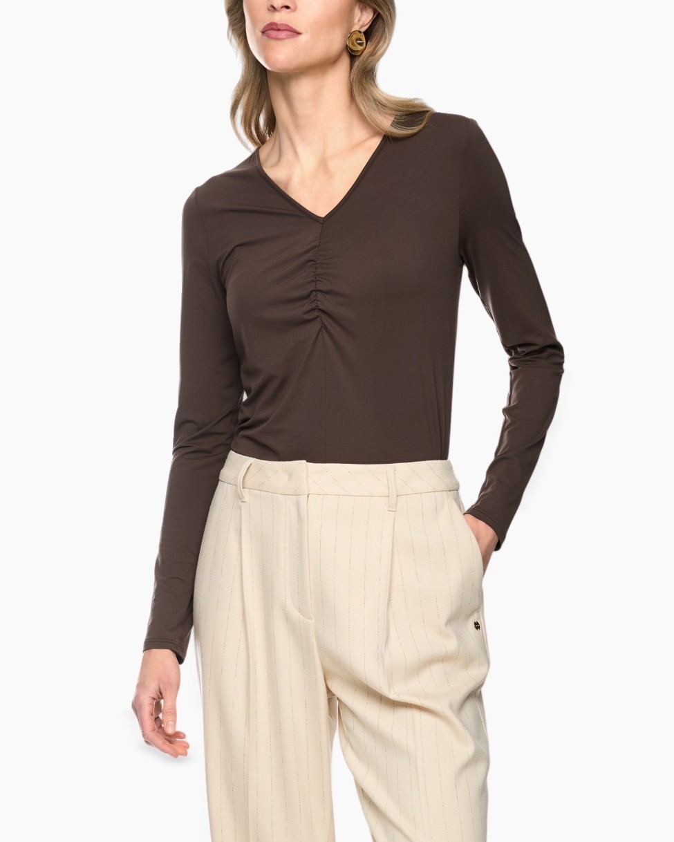 longsleeve, v-neck, ruched, brown, top