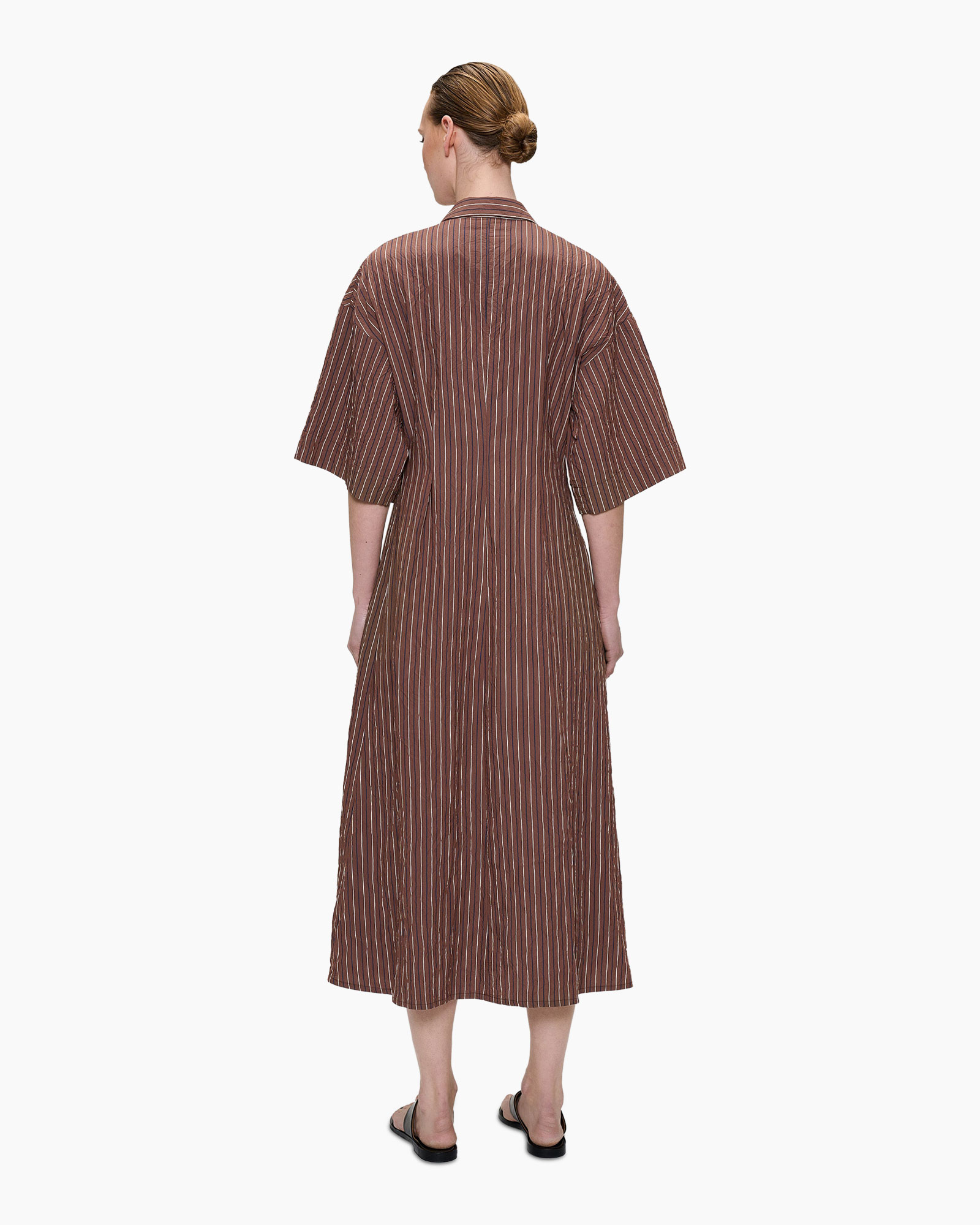 dress, shirt dress, brown, striped, belted