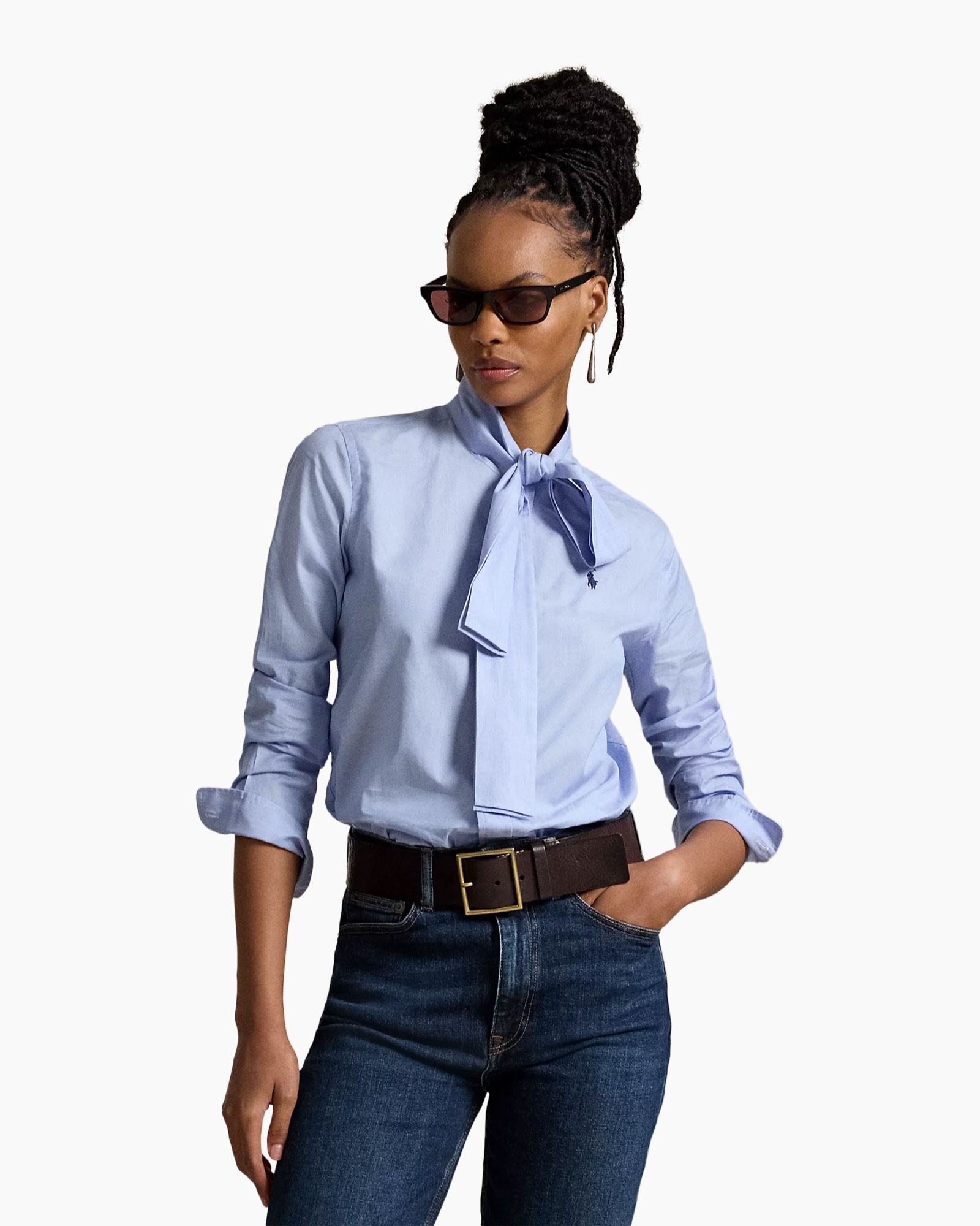 button-up shirt, light blue, bow tie, long sleeves, jeans