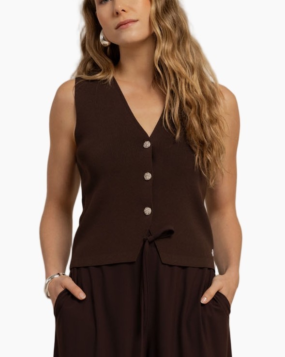 sleeveless top, knit vest, brown, buttoned, tie waist