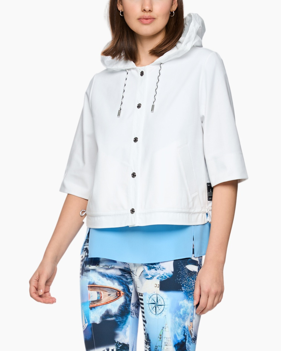 hooded jacket, button front, mid sleeve, white, drawstring