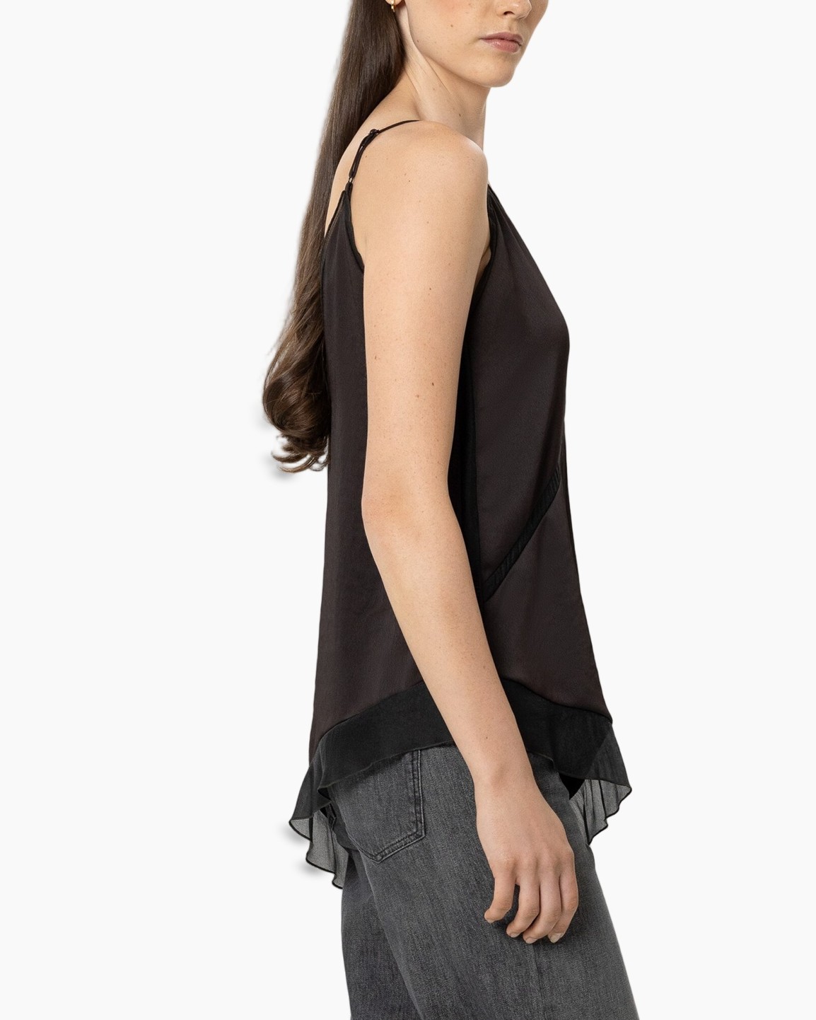 tank top, sleeveless, black, layered hem, flowy