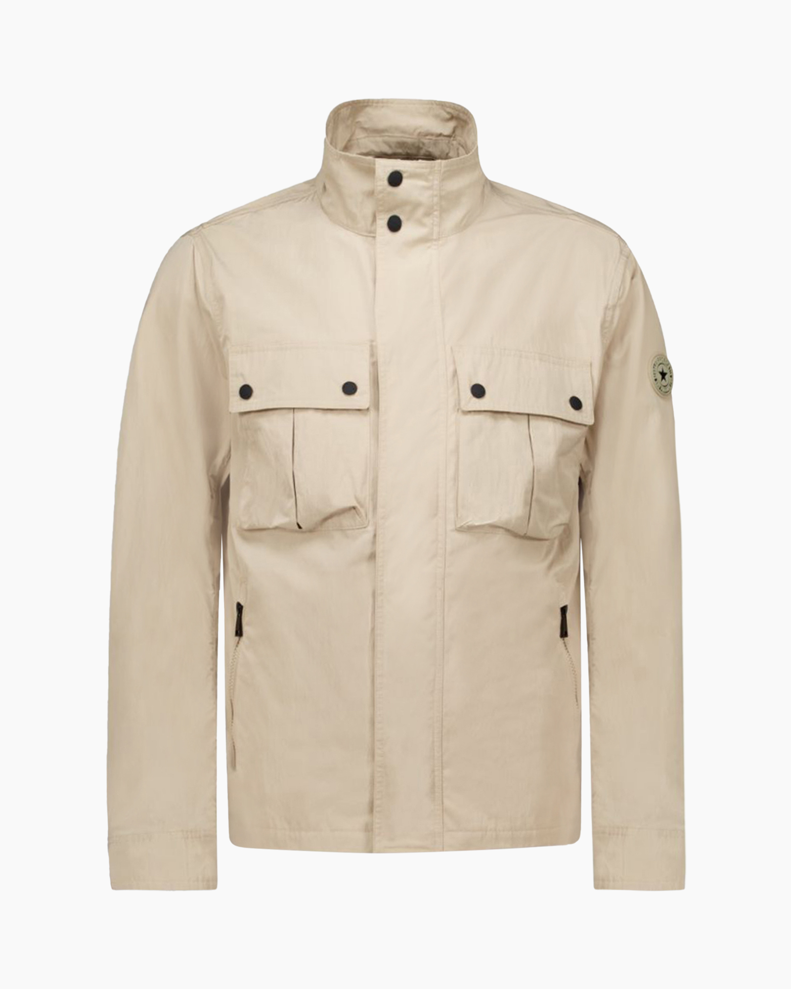 jacket, beige, utility, front pockets, zipper