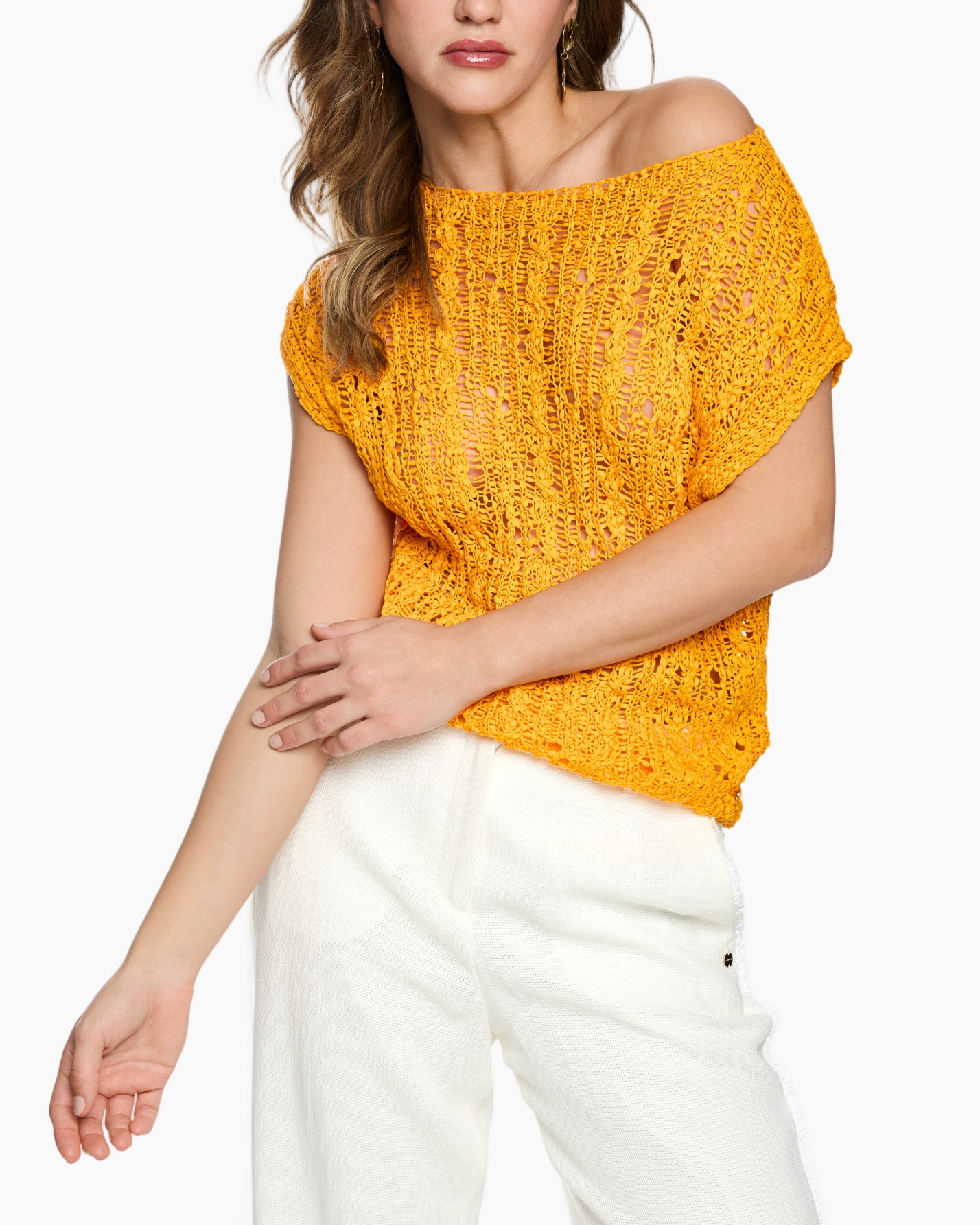 crochet top, orange knit, loose fit, short sleeves, woman's top