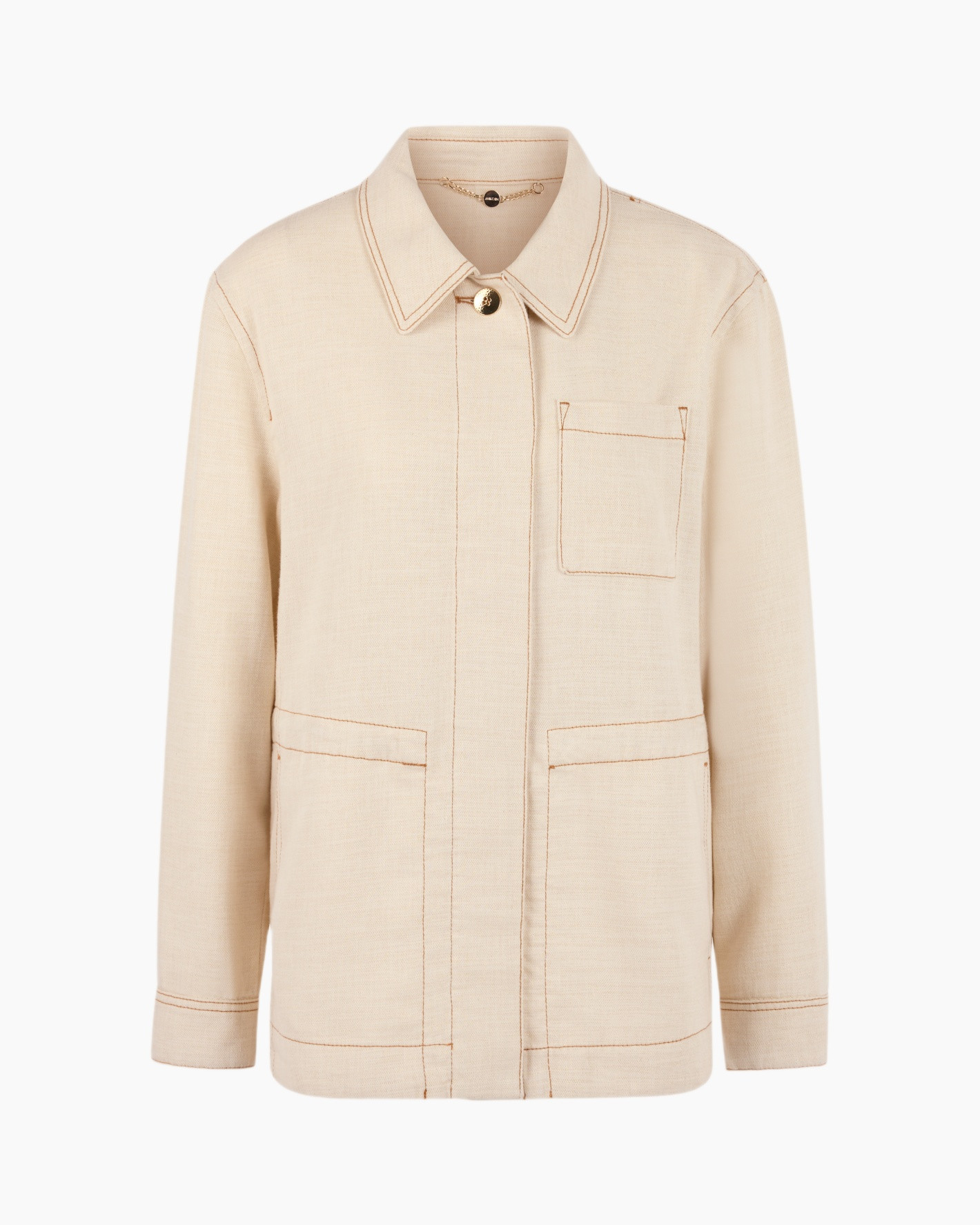 beige jacket, linen texture, button closure,  chest pocket, multi-pocket jacket