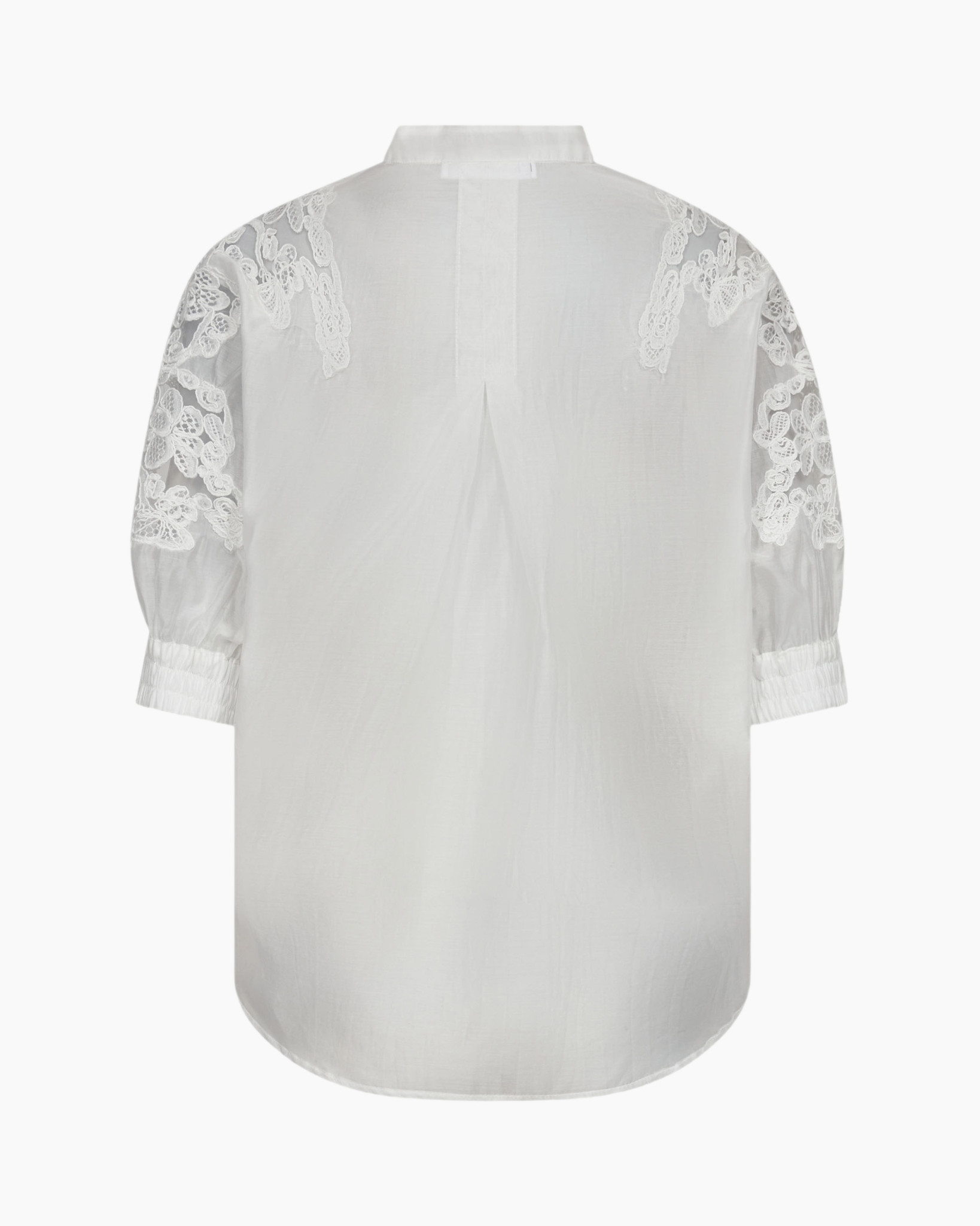white shirt, lace detail, blouse, puff sleeves, buttonless placket