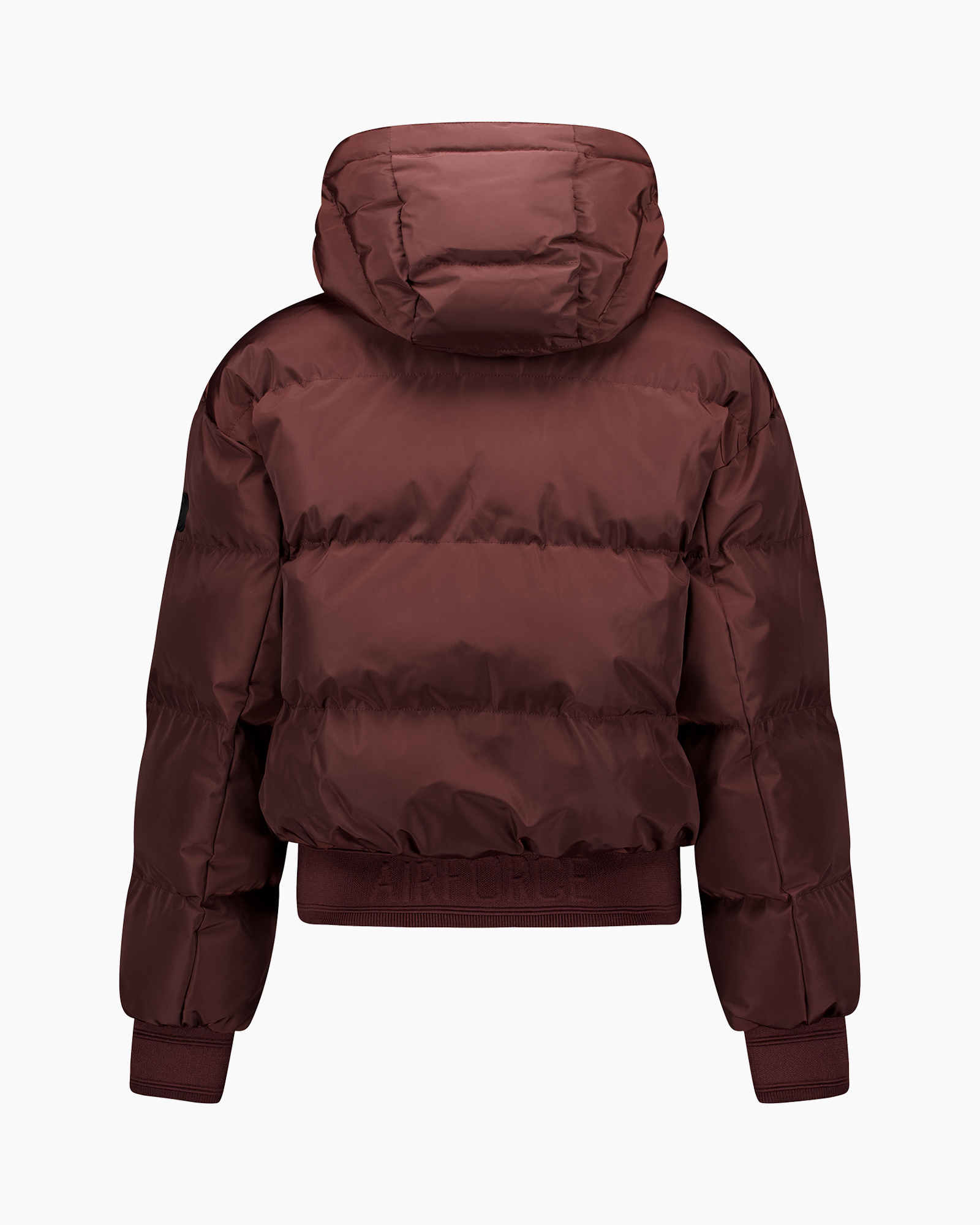 puffer jacket, hooded, maroon, zippered cuff, bucket hem