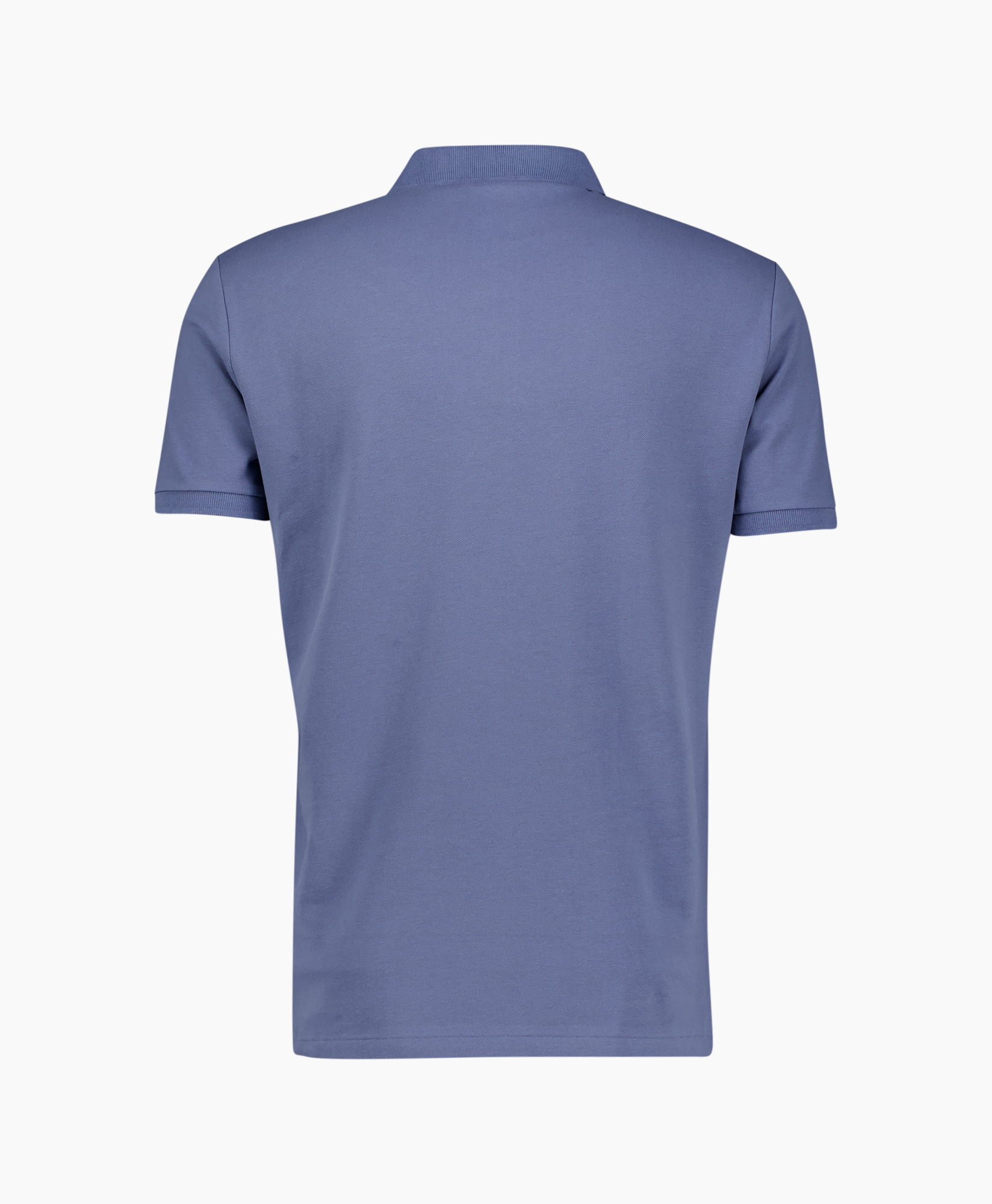 polo shirt, short sleeve, solid color, blue, back view