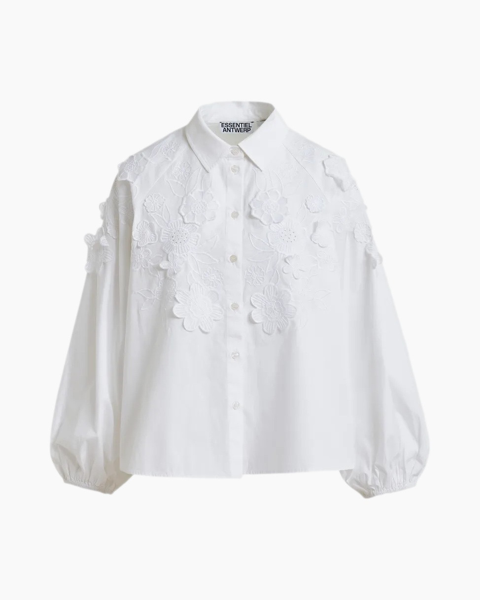 white blouse, floral embroidery, embroidered shirt, long sleeve, cotton
