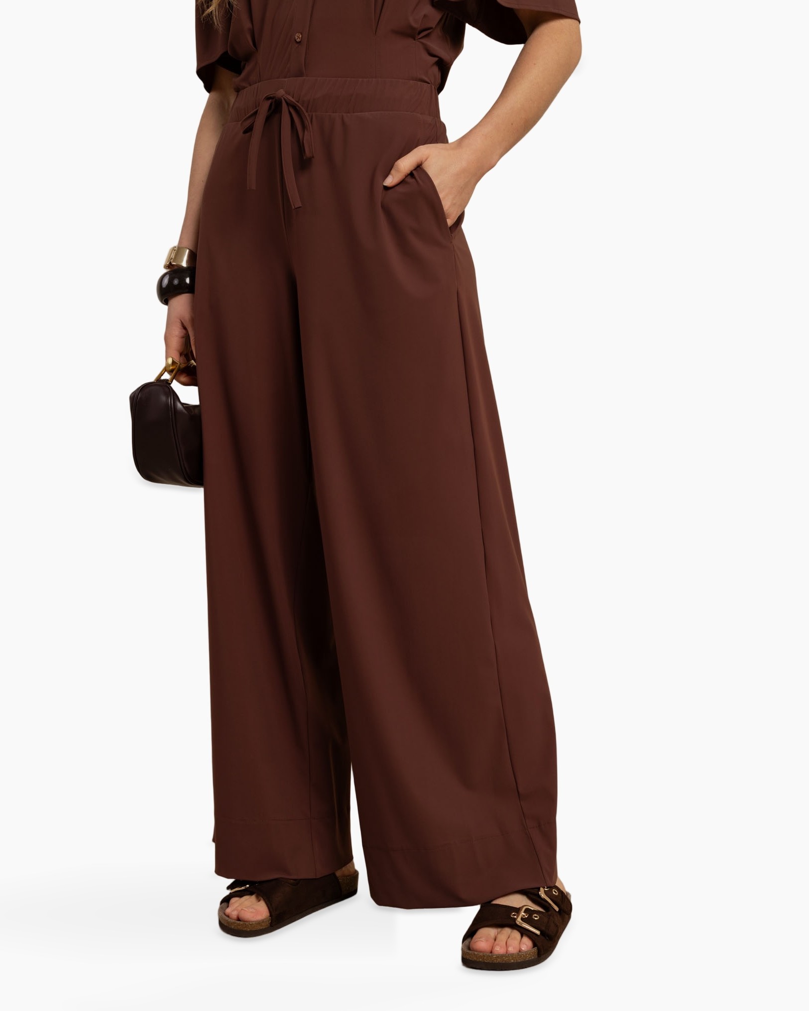 wide-leg pants, jumpsuit pants, brown, drawstring waist, pockets