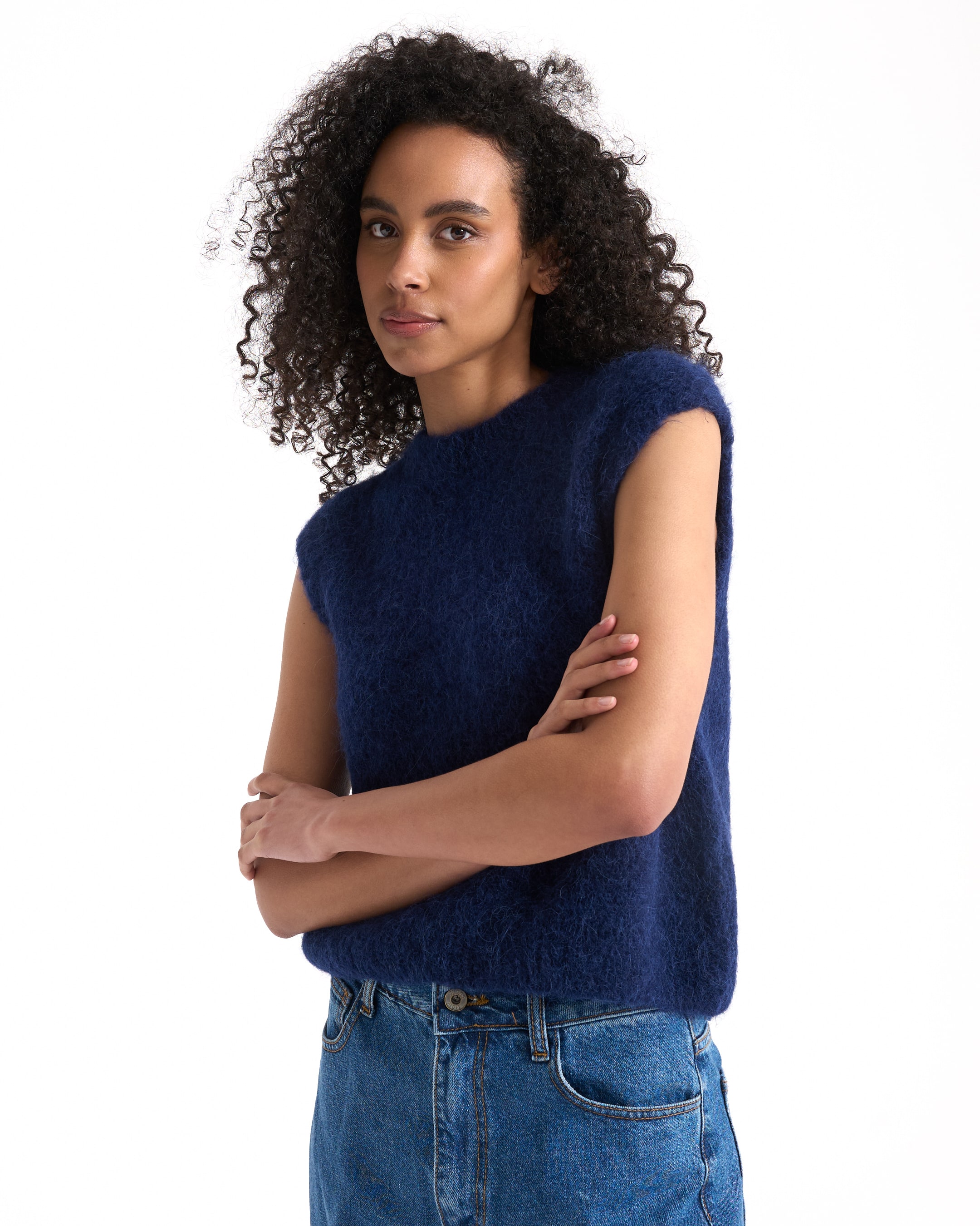 sleeveless top, knit sweater, navy blue, women's top, casual fit