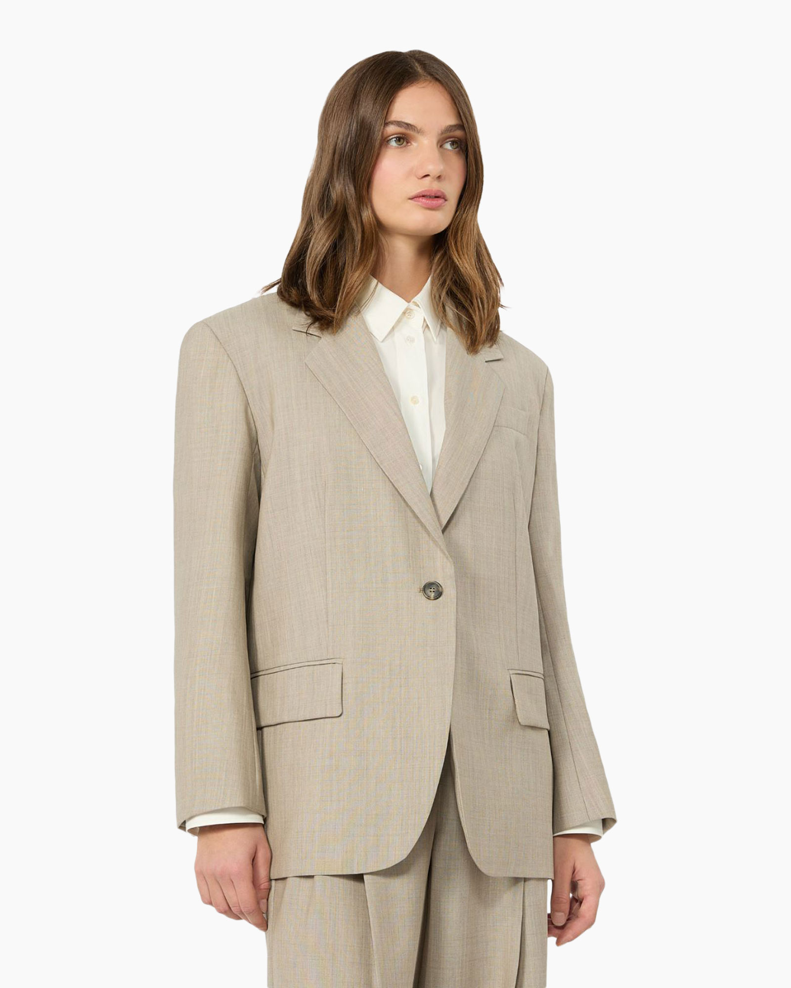 blazer, suit jacket, beige, longline, single button