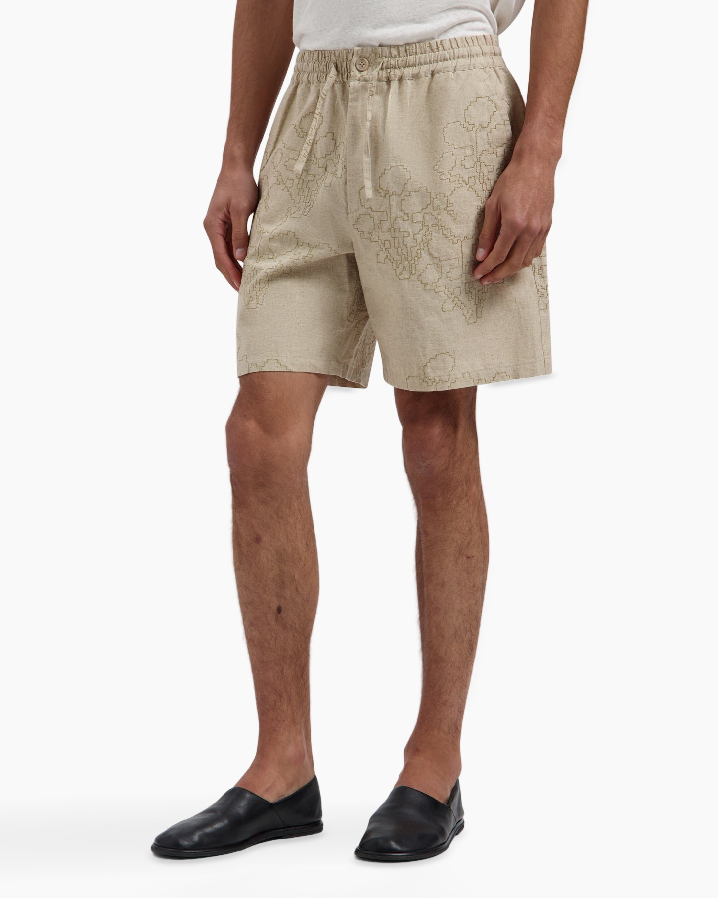 shorts, beige, drawstring, patterned, linen-like