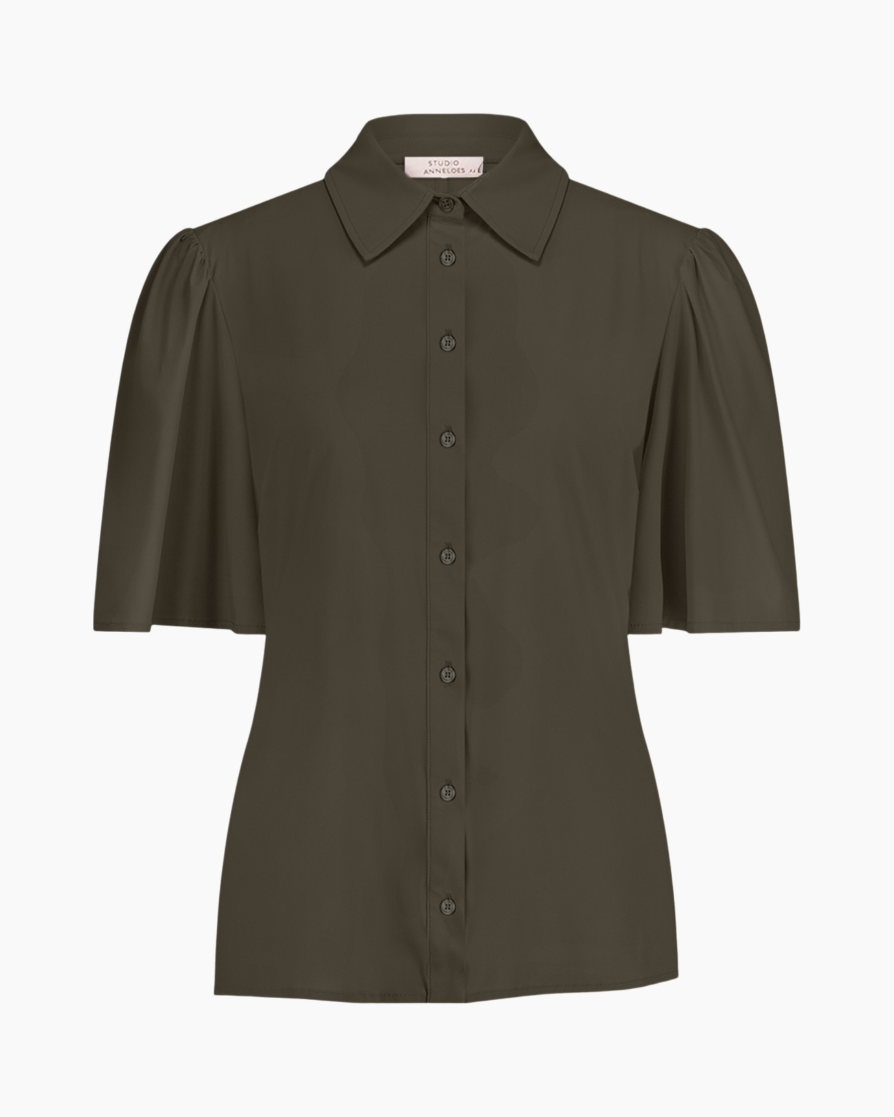 button-down, olive, short-sleeve, collar, puff-sleeves