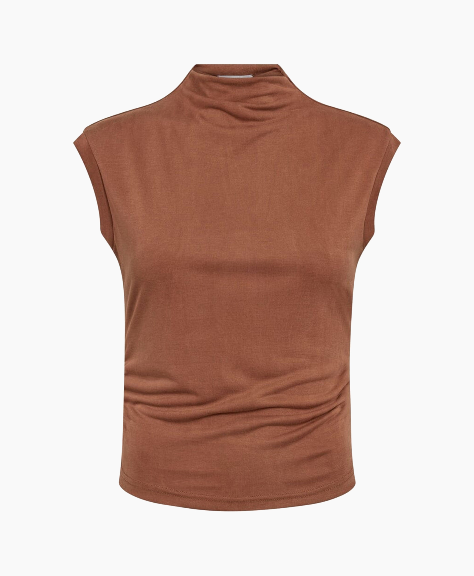 sleeveless top, high neck, cotton blend, rust color, plain knit