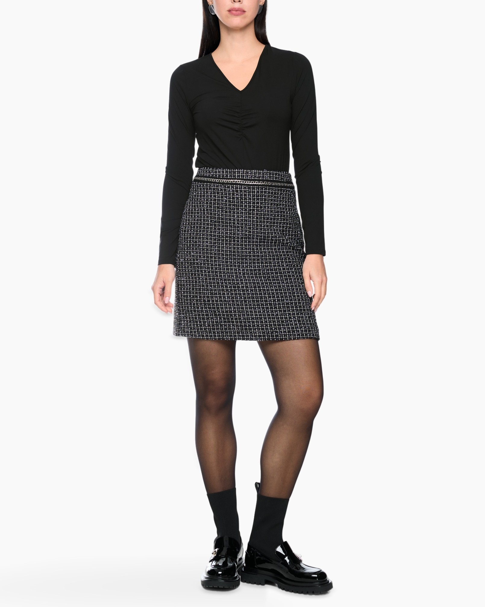 top, long-sleeve, v-neck, skirt, tweed
