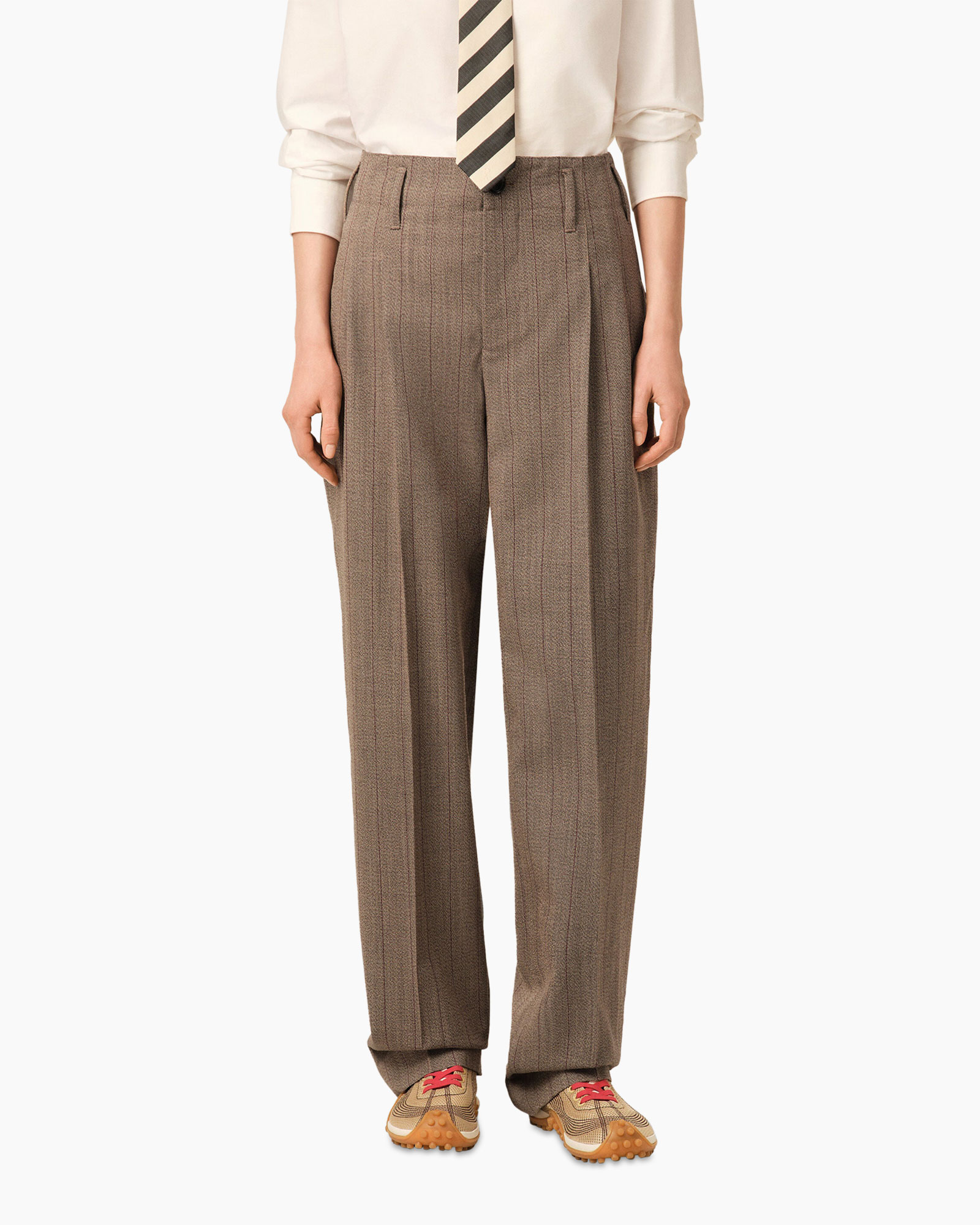 trousers, pinstripe, brown, pleated, casual shoes