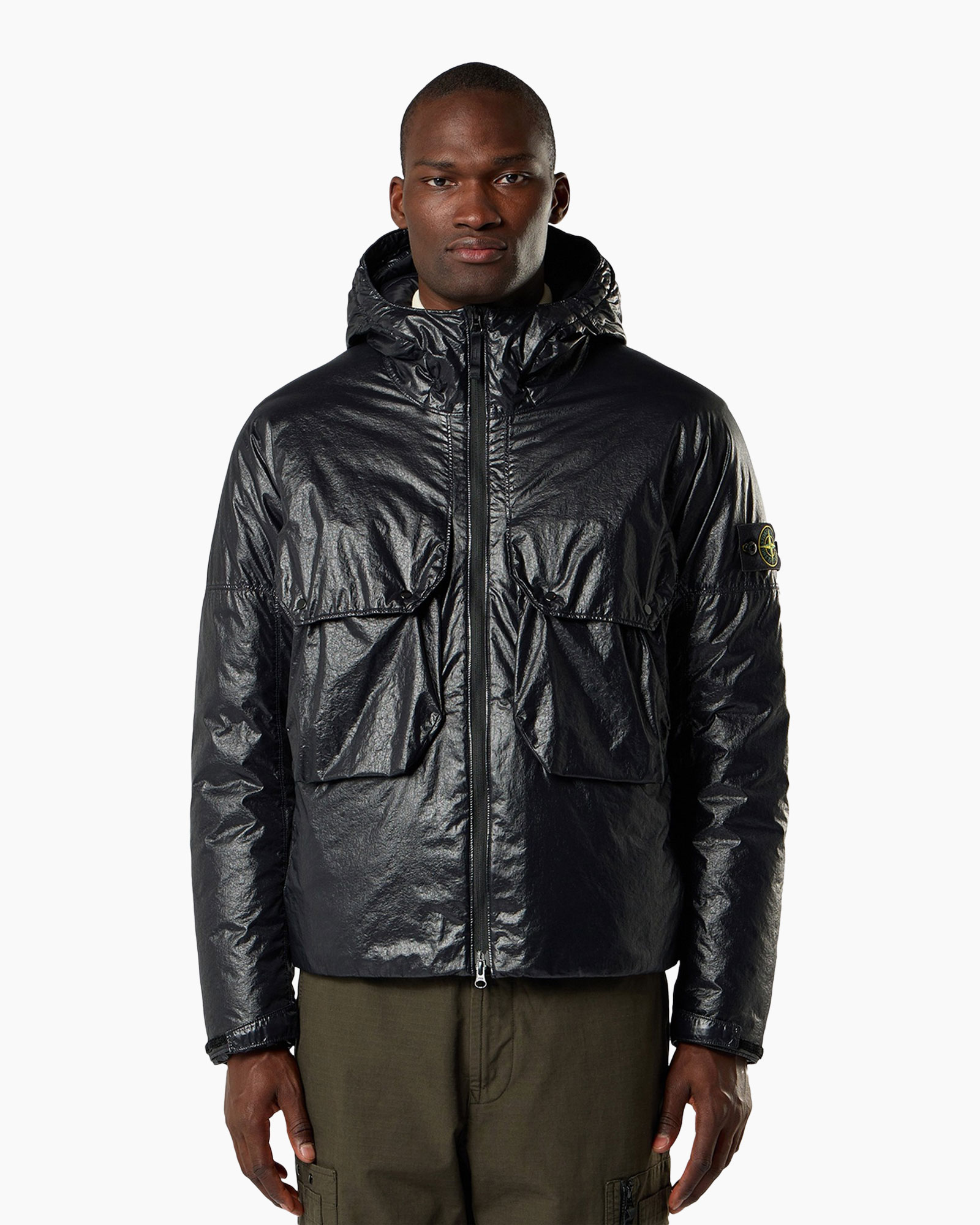 hooded jacket, puffer, metallic shine, front zipper, two pocket flap