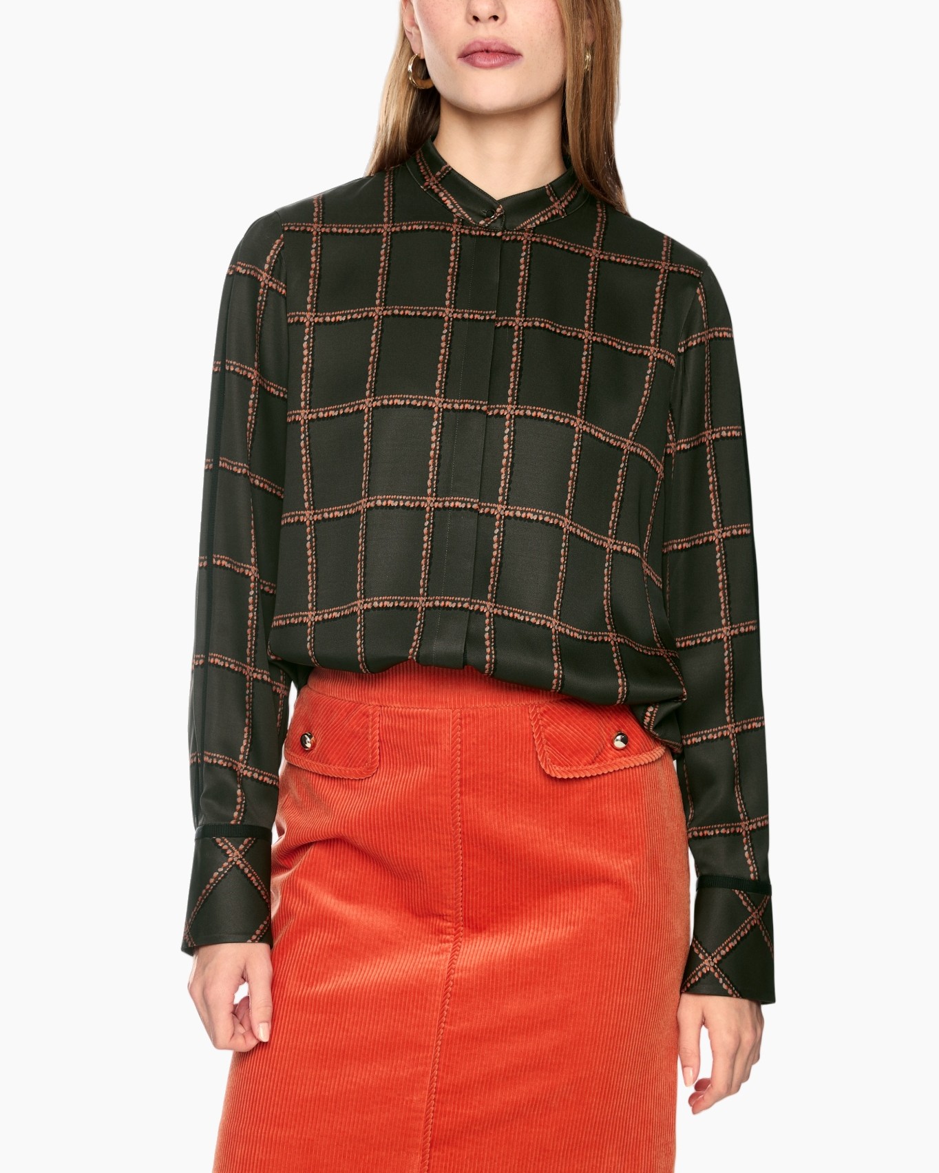 blouse, grid pattern, long sleeve, dark green, collared shirt