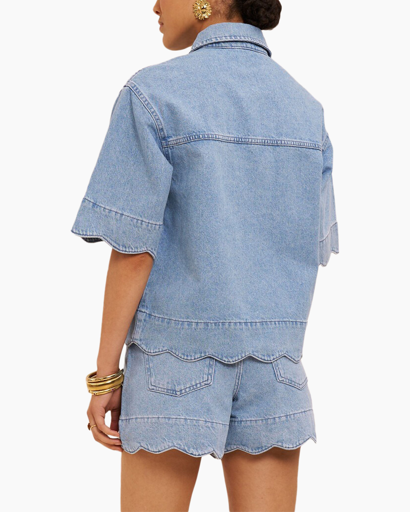 denim top, shorts set, scallop hem, button front, bell sleeve