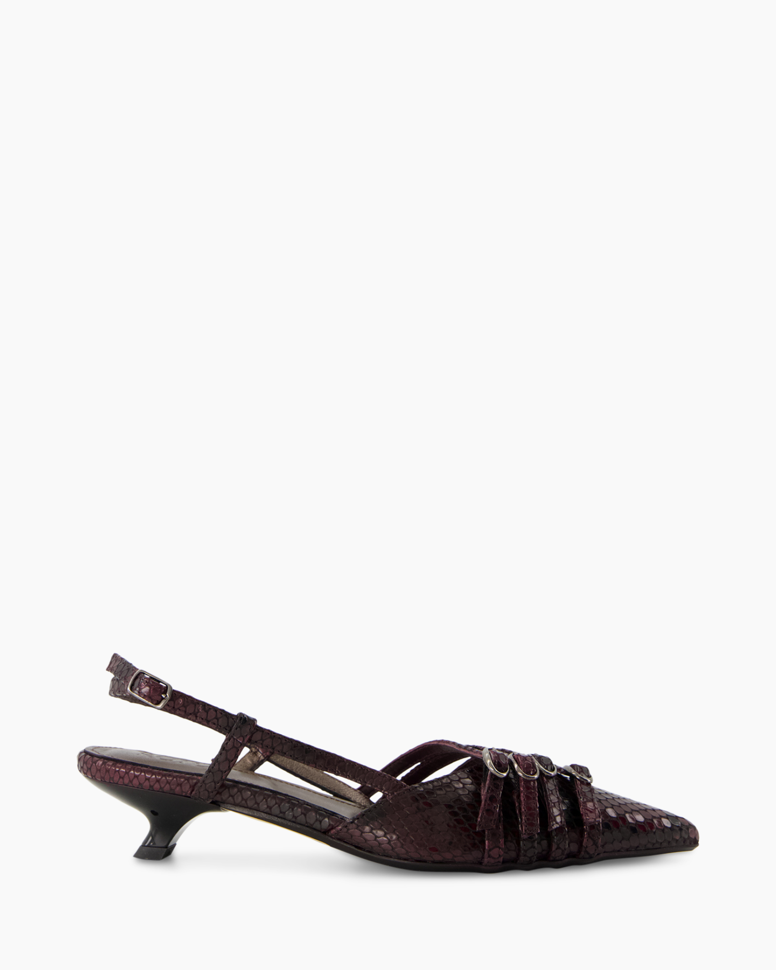 women's shoe, slingback, burgundy, snakeskin, low heel
