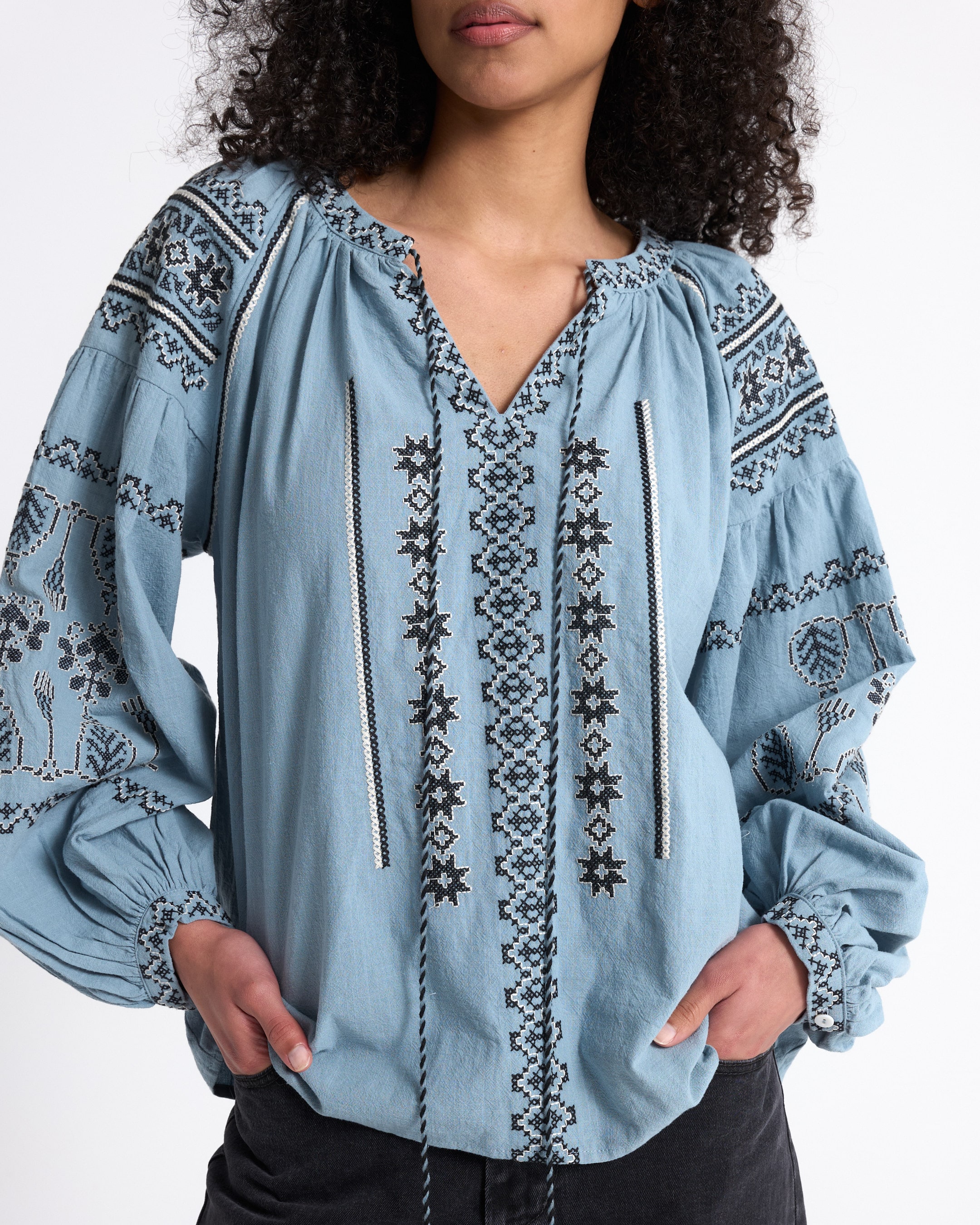embroidered blouse, peasant top, long sleeve, blue fabric, geometric embroidery