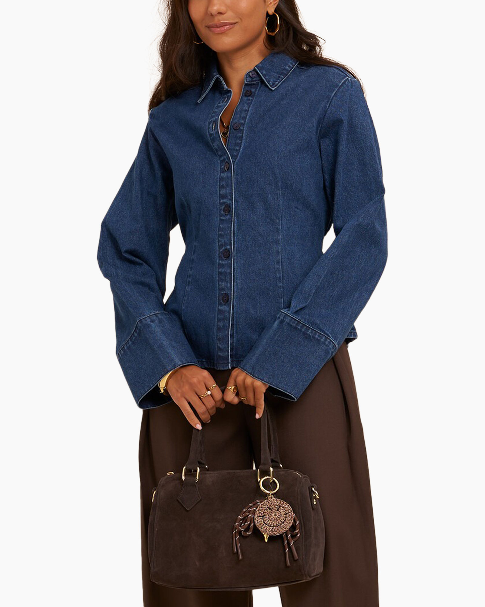 denim shirt, button-down, long sleeves, brown bag, handbag accessory