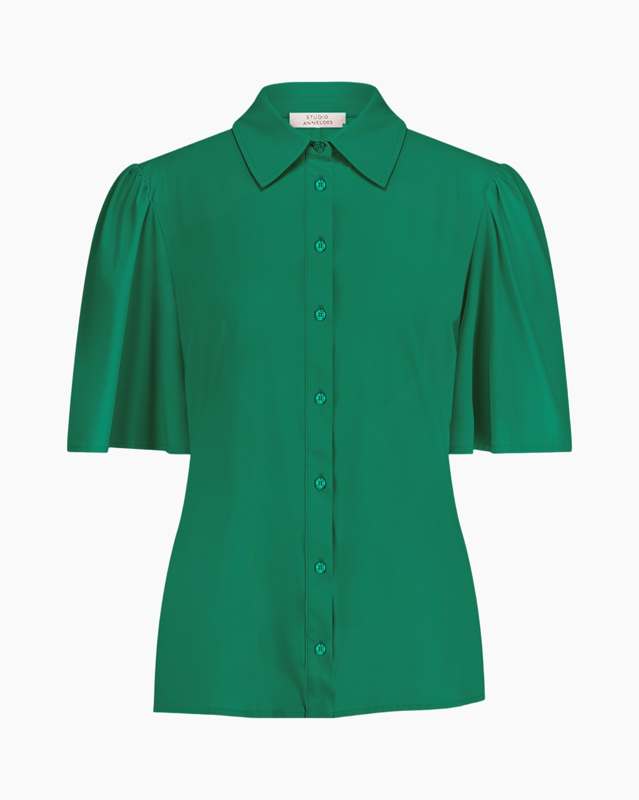 green, blouse, button-down, short-sleeve, collar