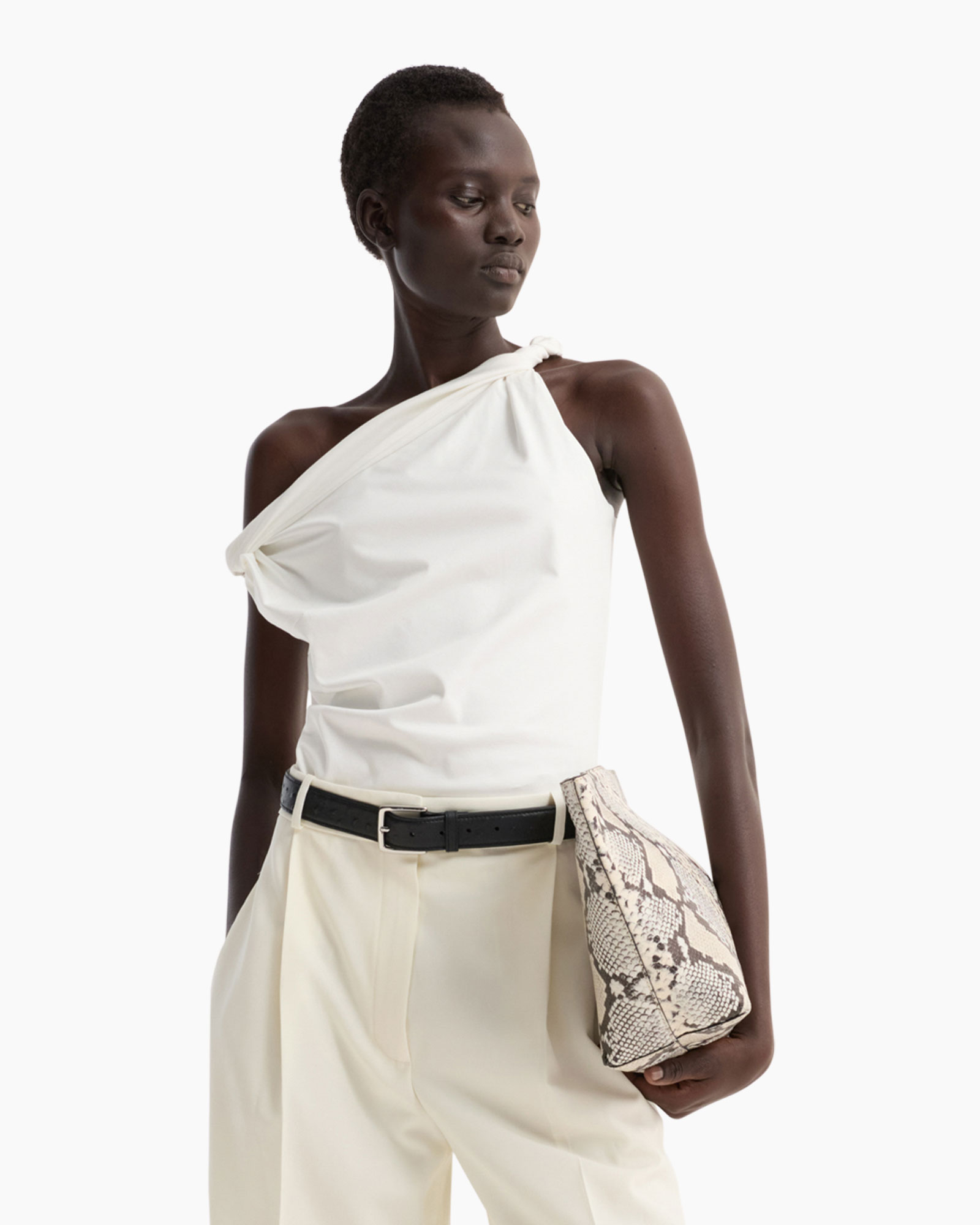 top, one-shoulder, white, pants, clutch
